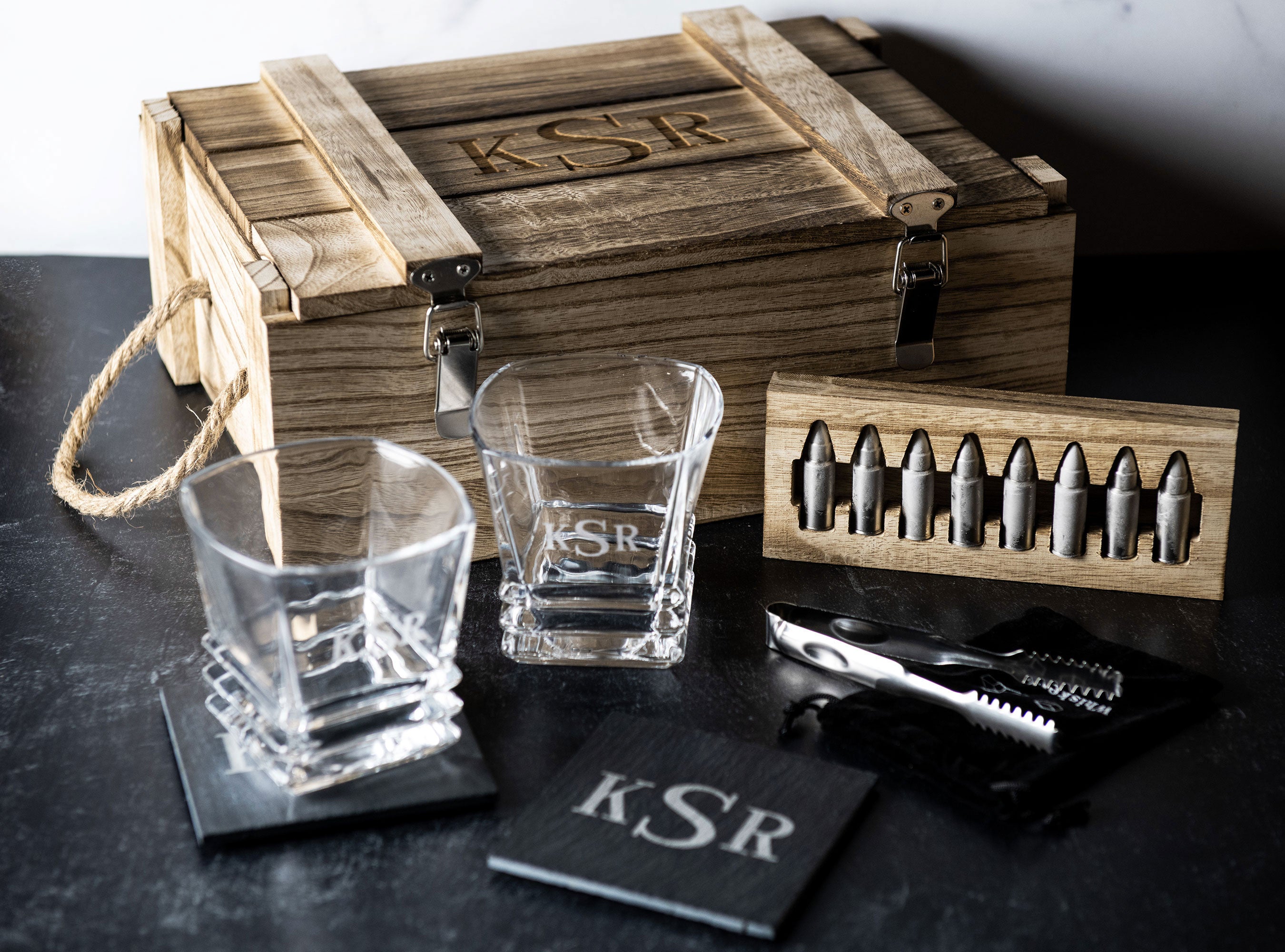 Engraved Corporate Wooden Gift Boxed Scotch Glass and Whiskey Stone Set
