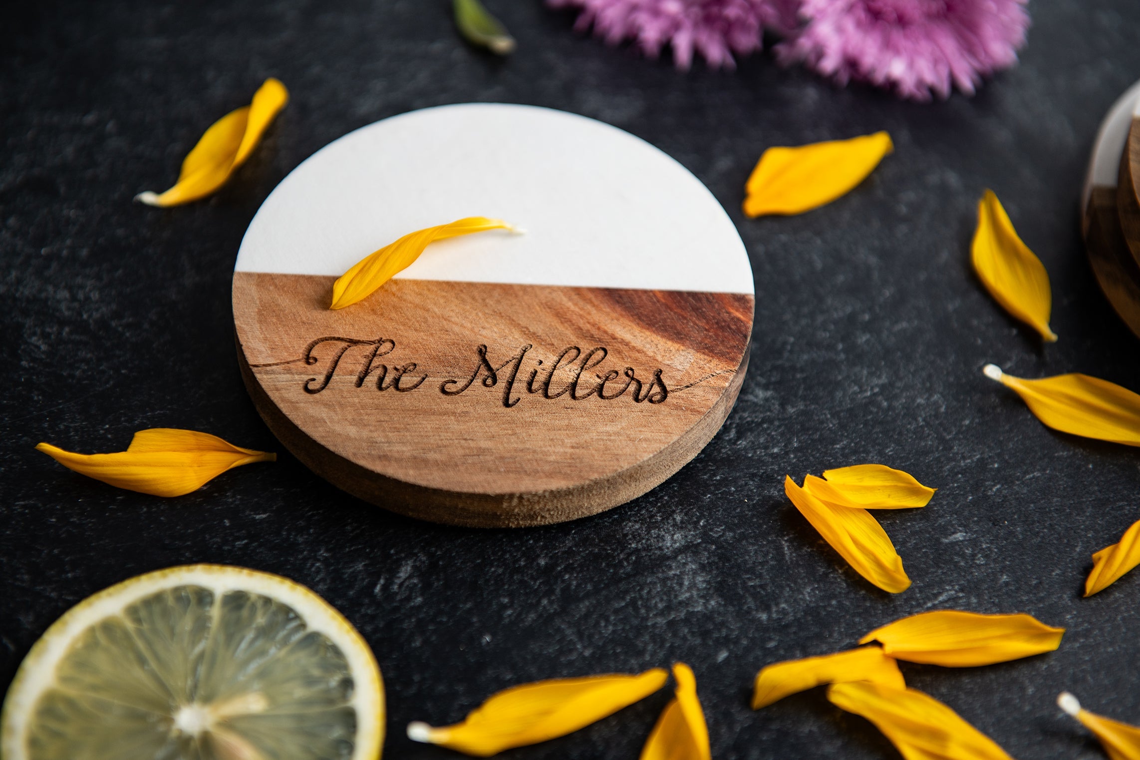 Personalized Acacia Marble Coasters