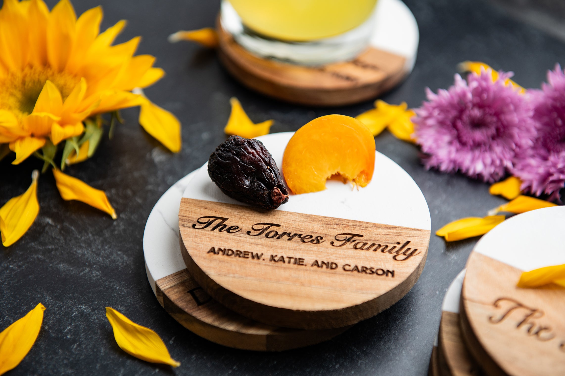 Personalized Acacia Marble Coasters