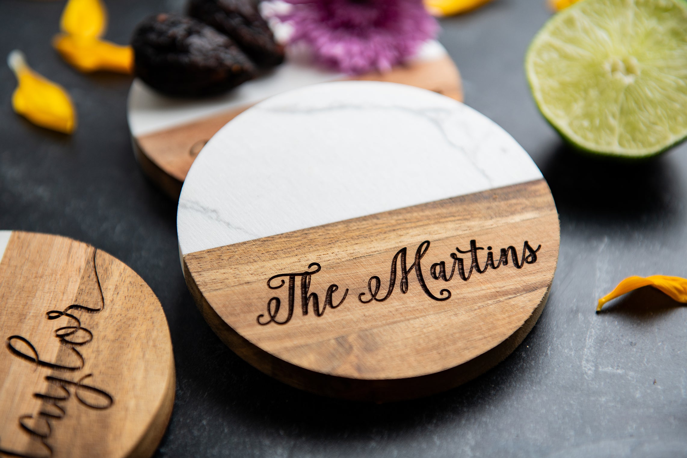 Personalized Acacia Marble Coasters