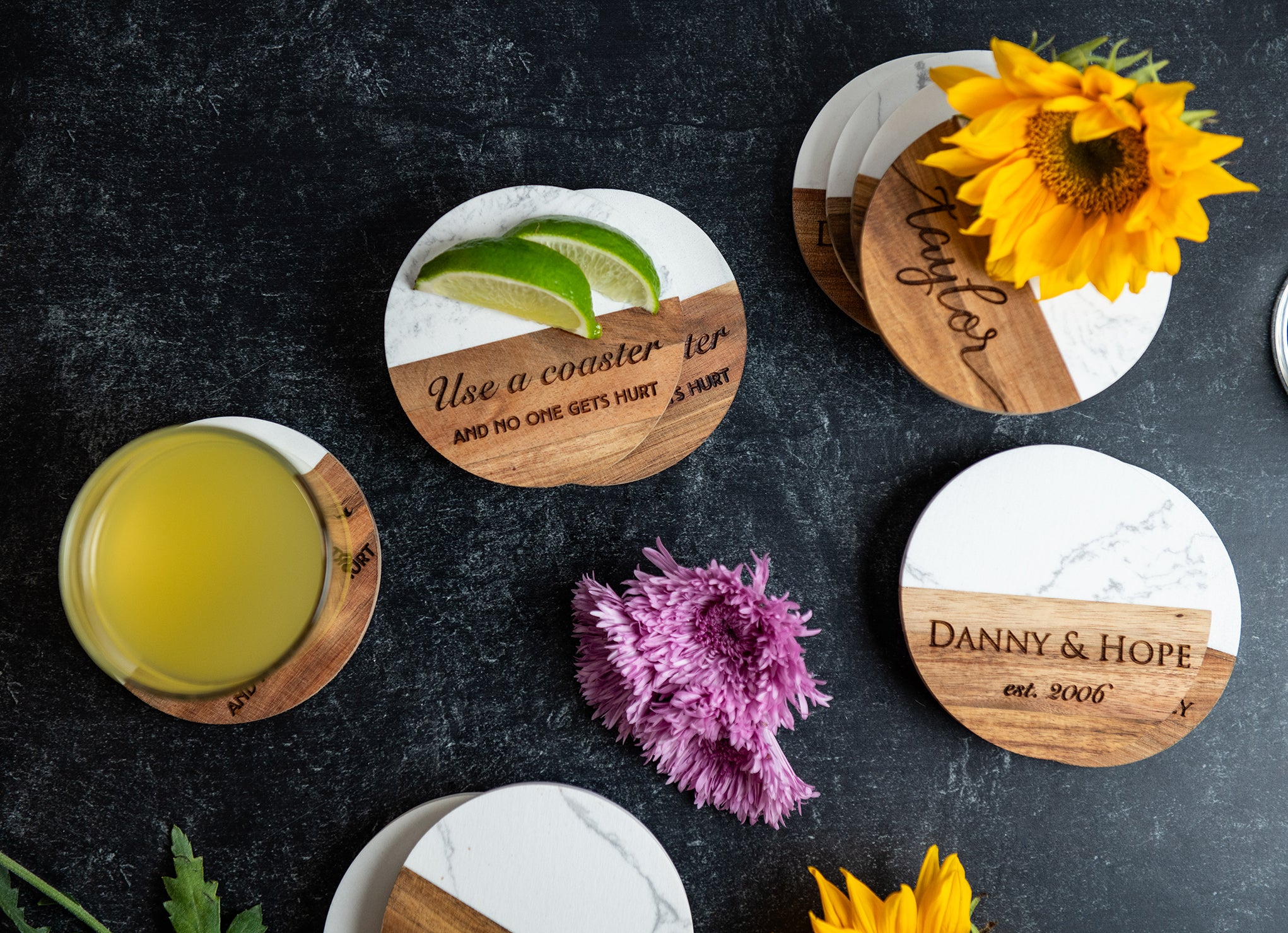Personalized Acacia Marble Coasters