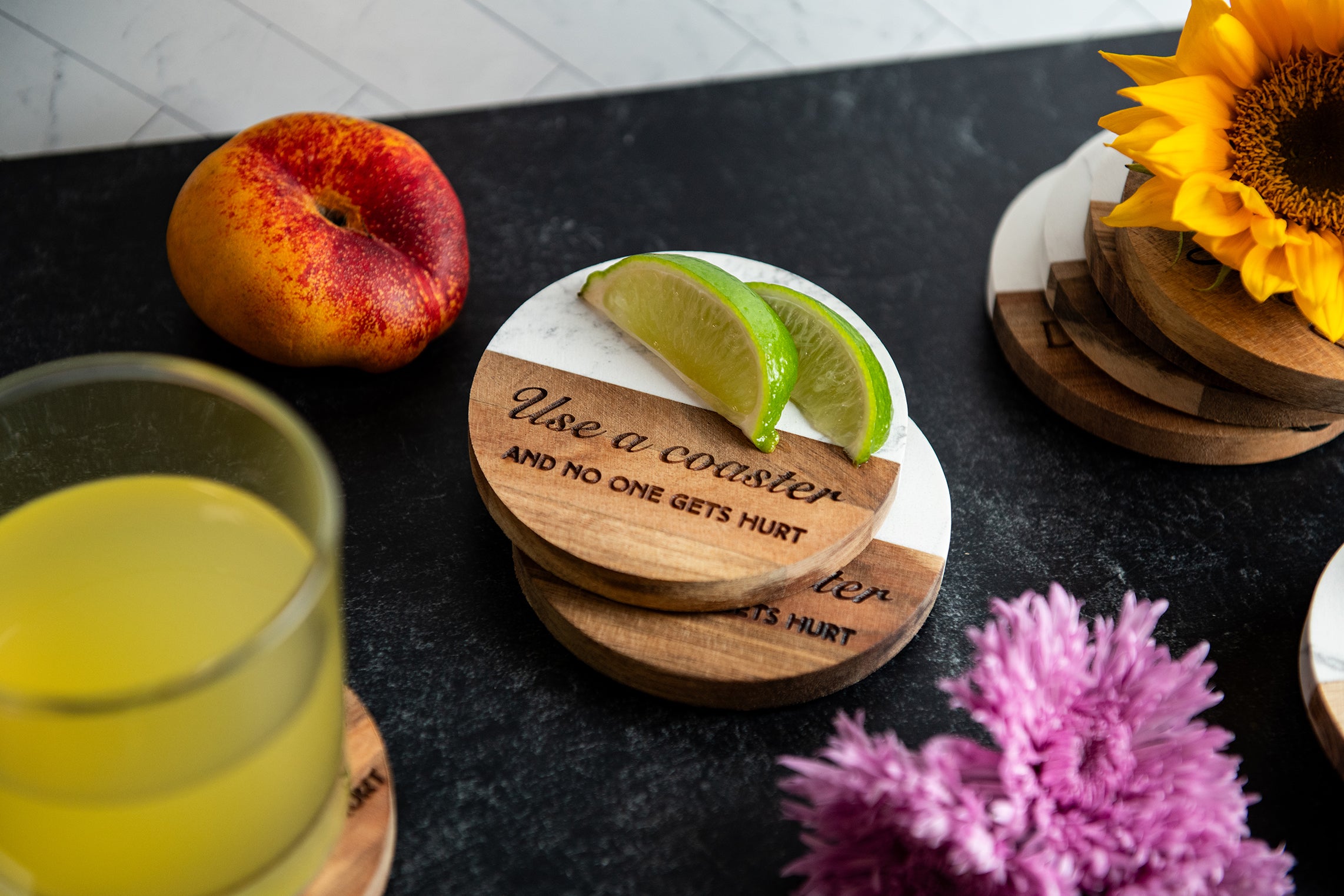 Personalized Acacia Marble Coasters