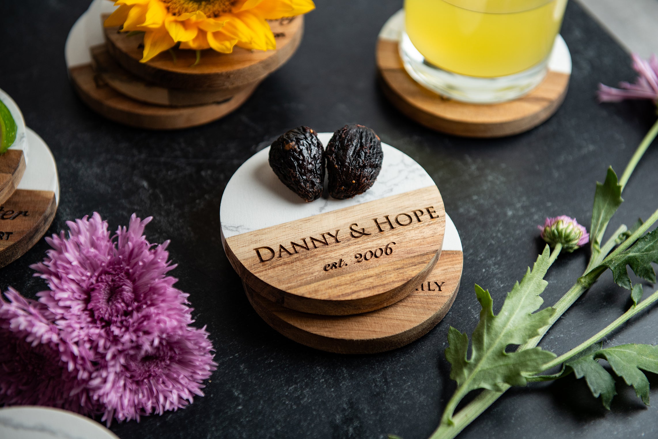 Personalized Acacia Marble Coasters