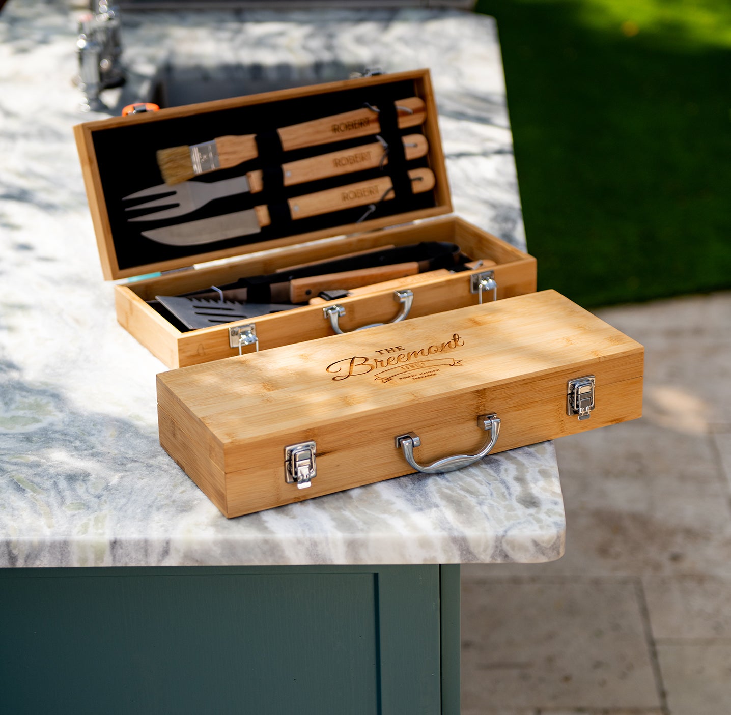 Personalized Complete BBQ Grill Tool Kit Set With Wood Case