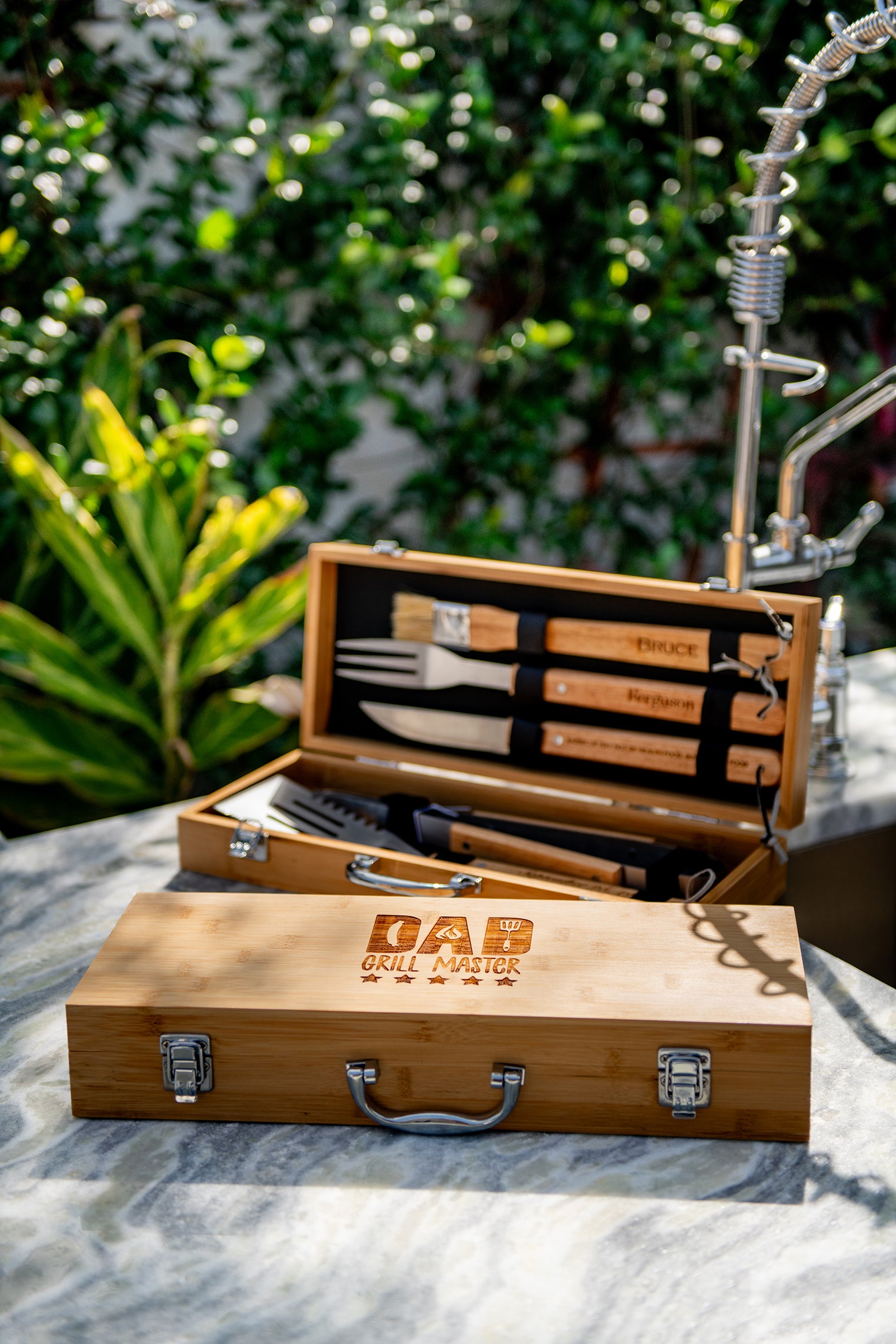 Personalized Complete BBQ Grill Tool Kit Set With Wood Case