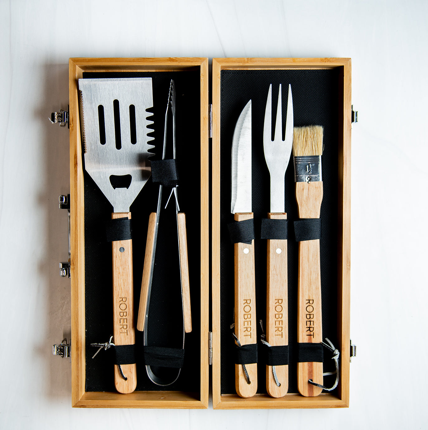 Personalized Complete BBQ Grill Tool Kit Set With Wood Case