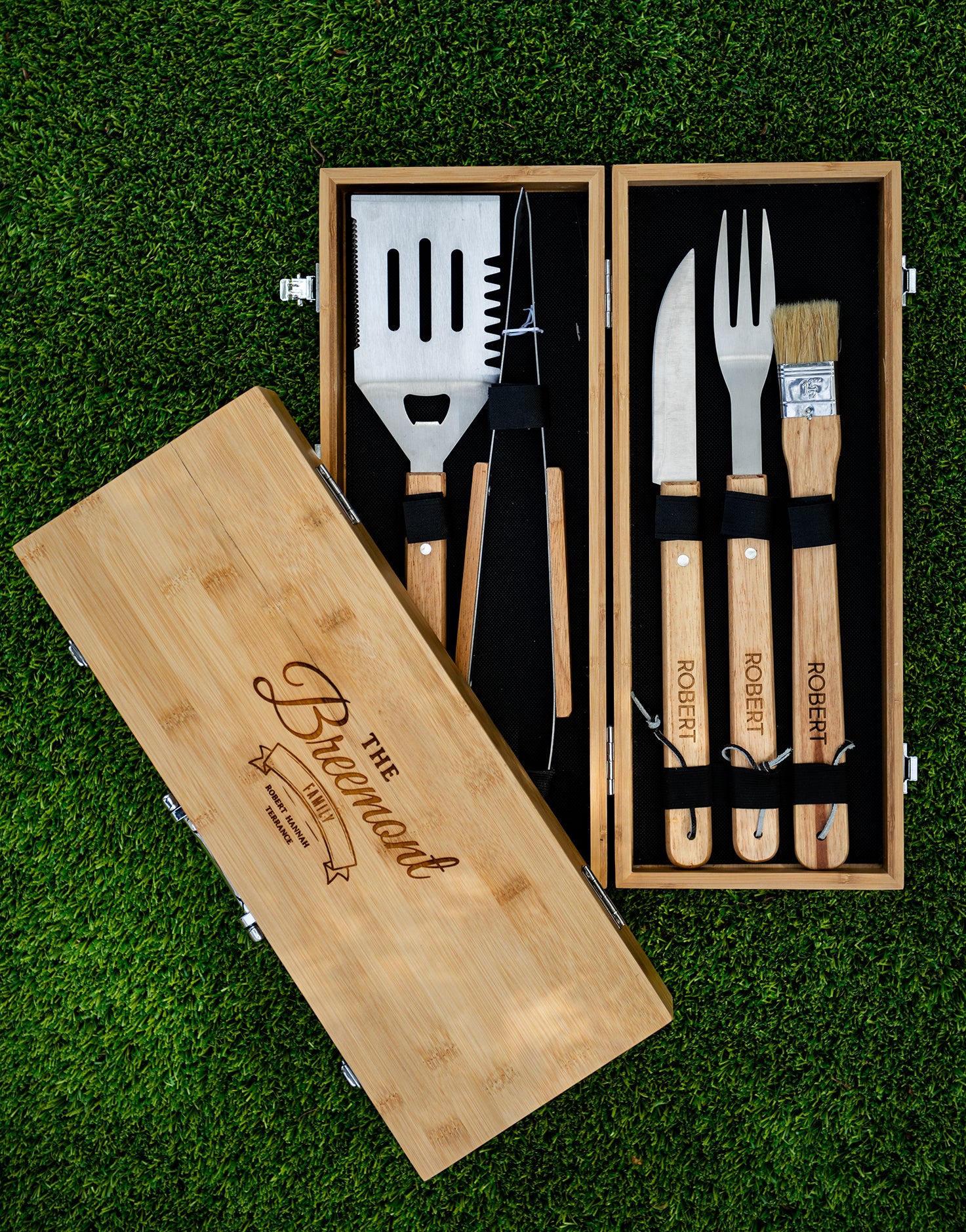 Personalized Complete BBQ Grill Tool Kit Set With Wood Case