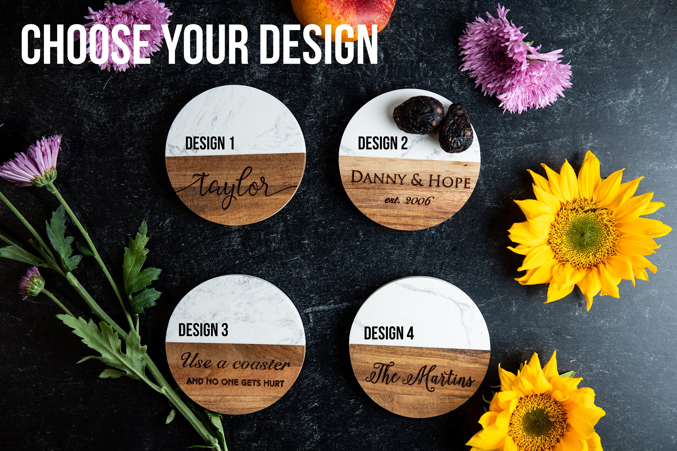 Personalized Acacia Marble Coasters