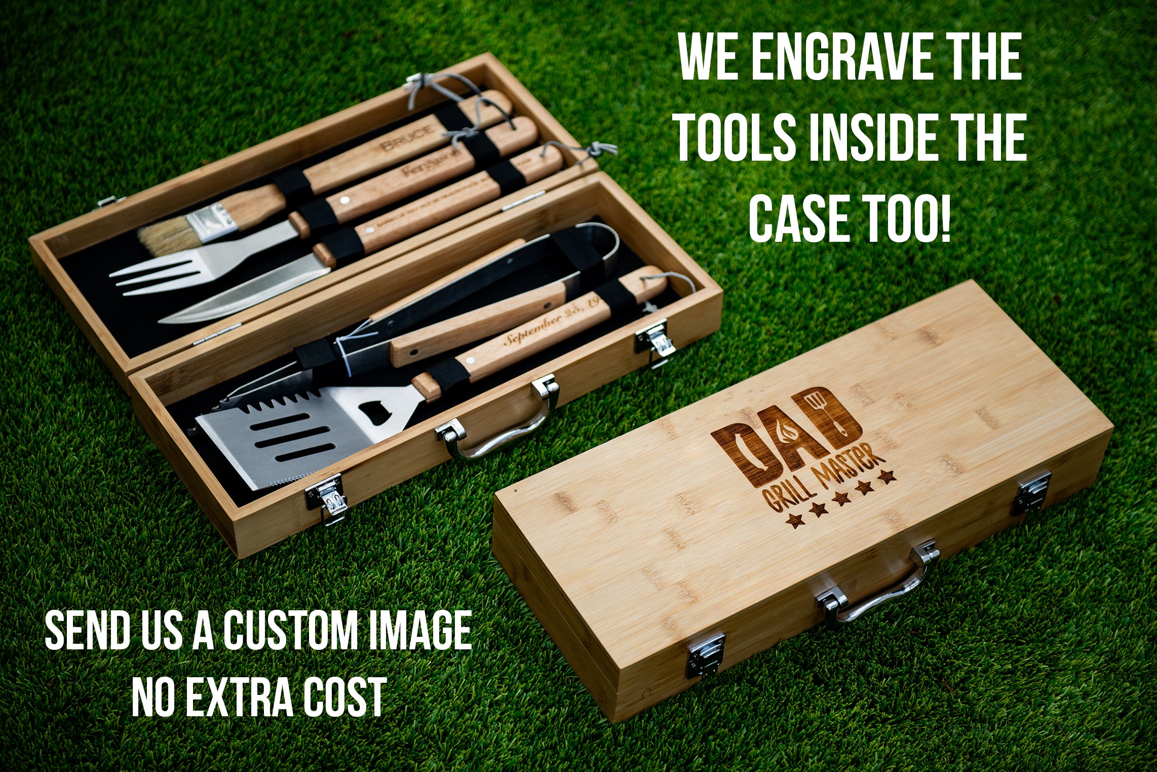 Personalized Complete BBQ Grill Tool Kit Set With Wood Case