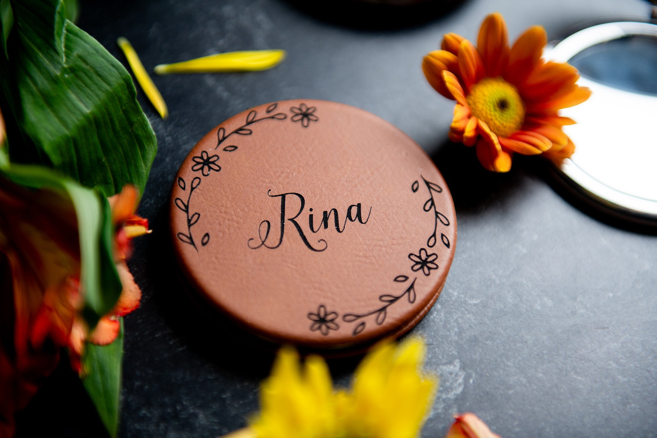 Personalized Compact Pocket Mirror - Vegan Leather