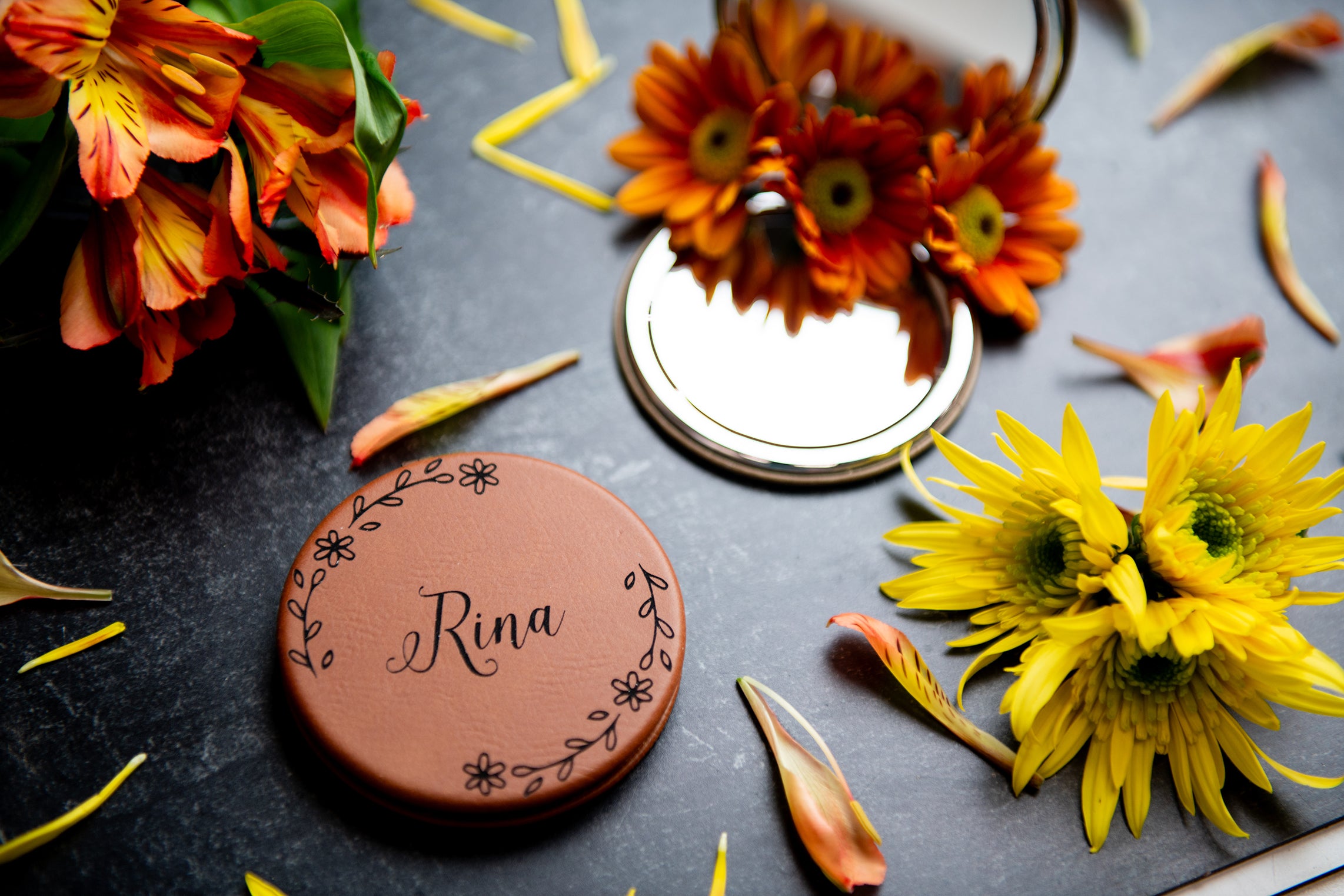 Personalized Compact Pocket Mirror - Vegan Leather