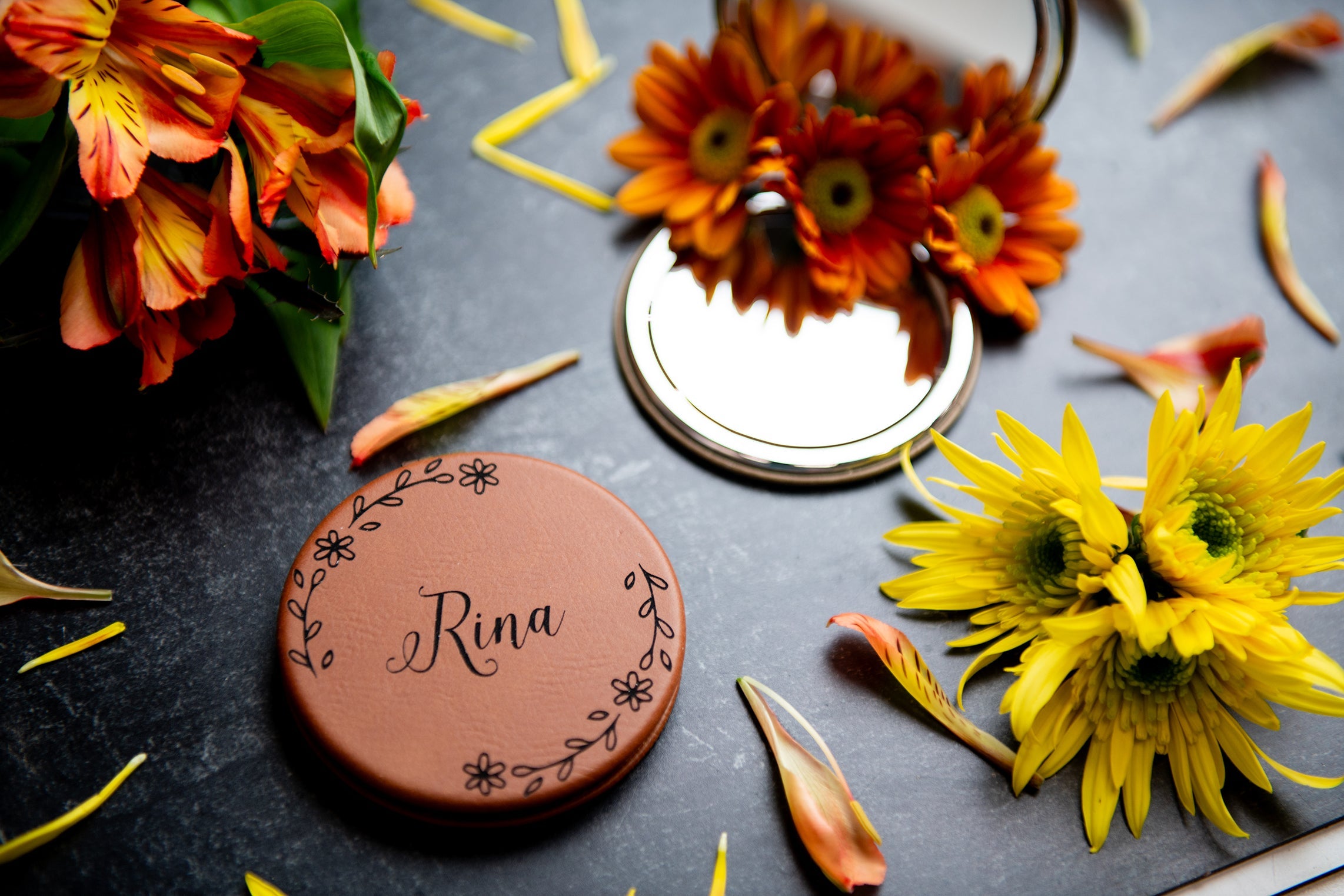 Personalized Compact Pocket Mirror - Vegan Leather