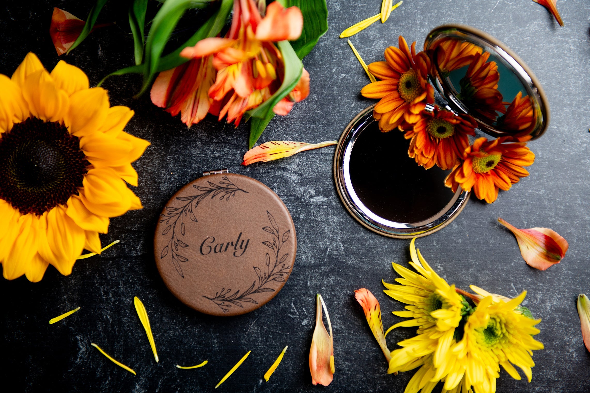 Personalized Compact Pocket Mirror - Vegan Leather