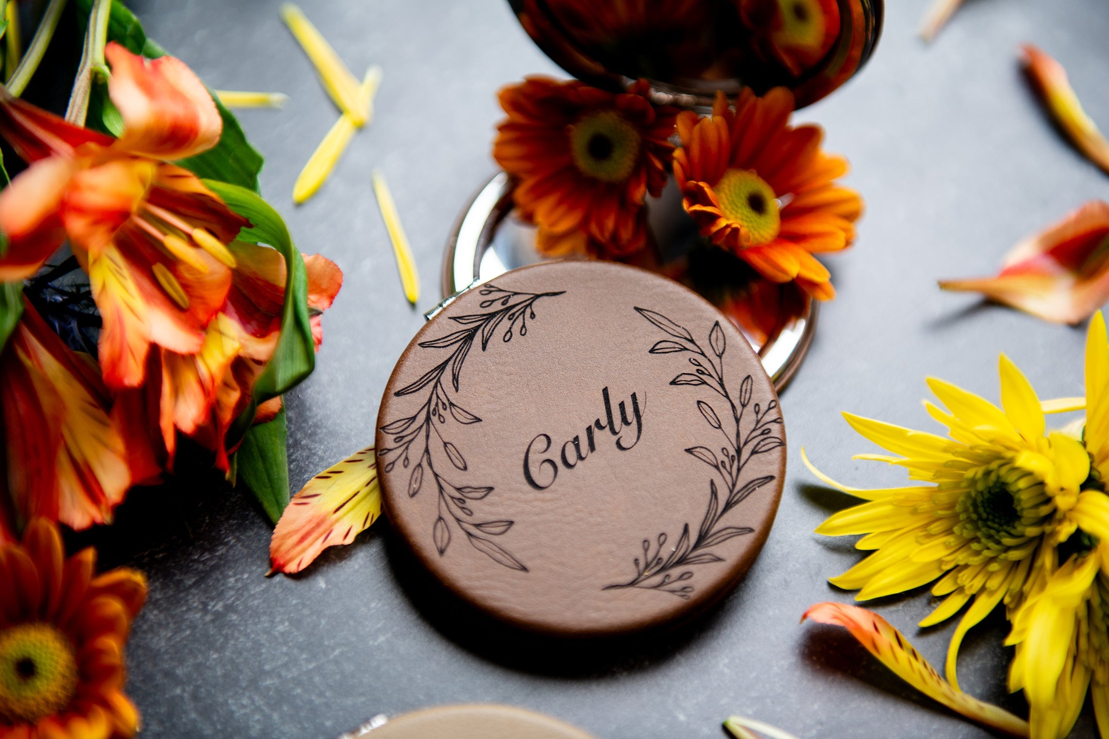 Personalized Compact Pocket Mirror - Vegan Leather