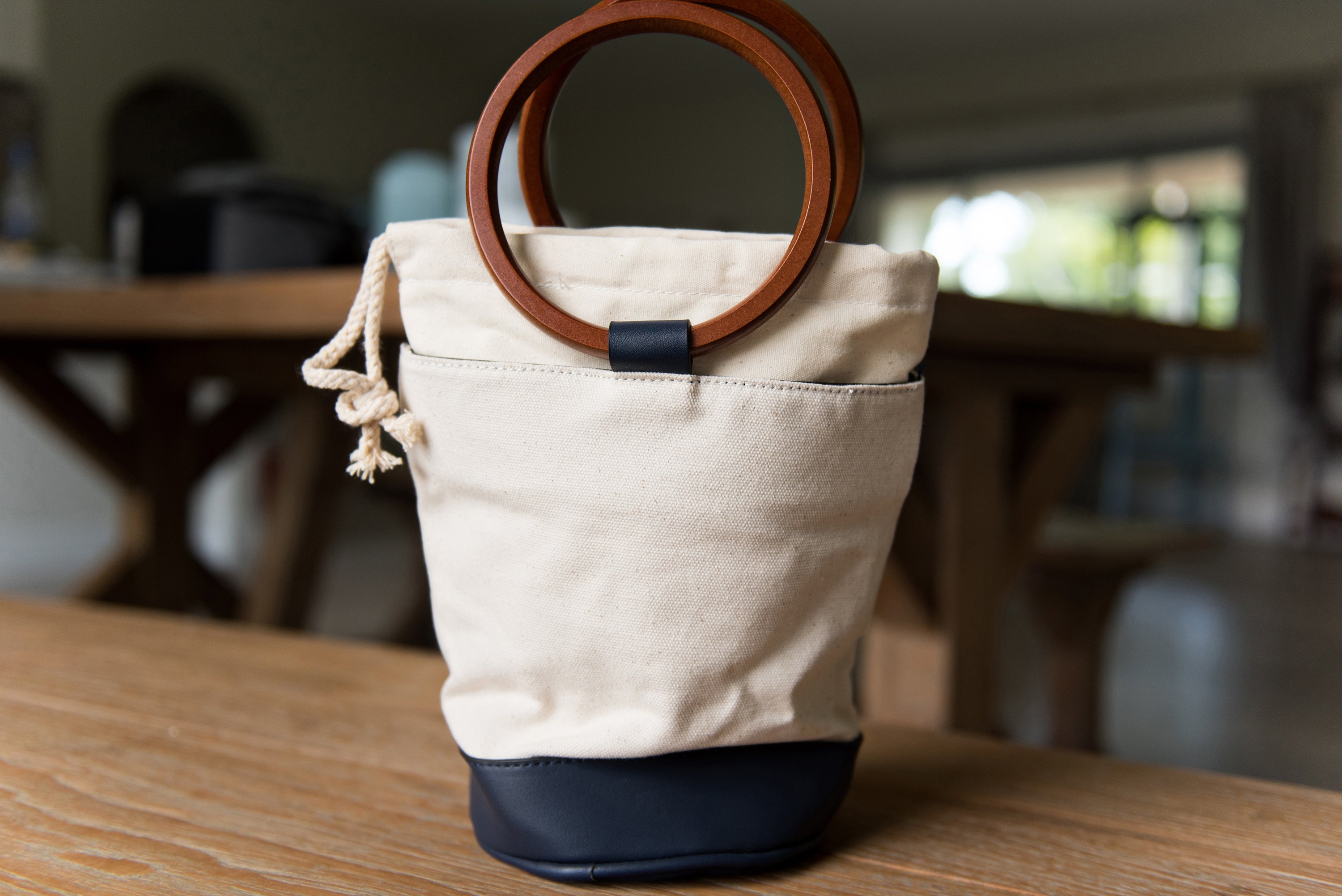Bucket Bag - Canvas Shoulder Tote with Wooden Handles