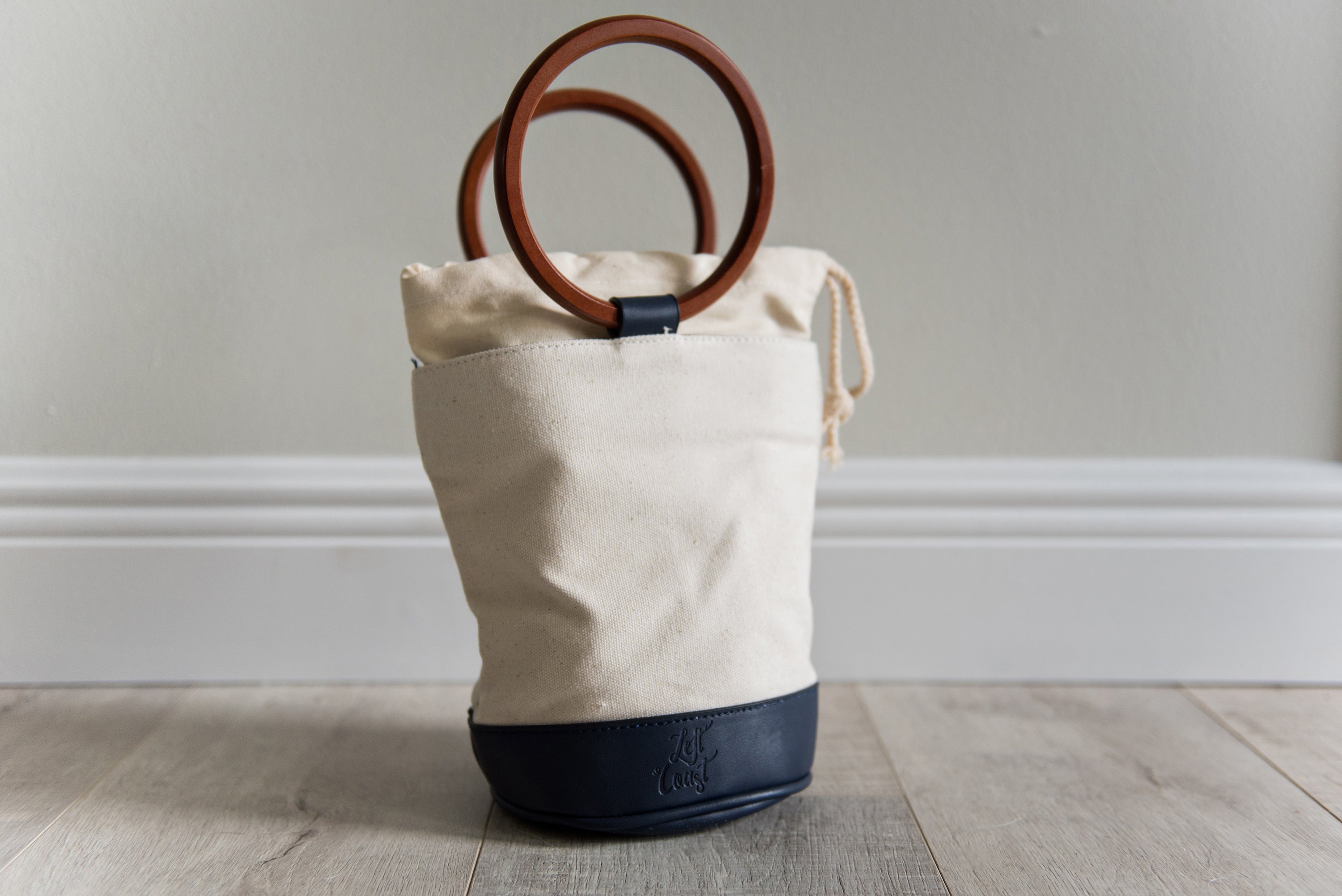 Bucket Bag - Canvas Shoulder Tote with Wooden Handles