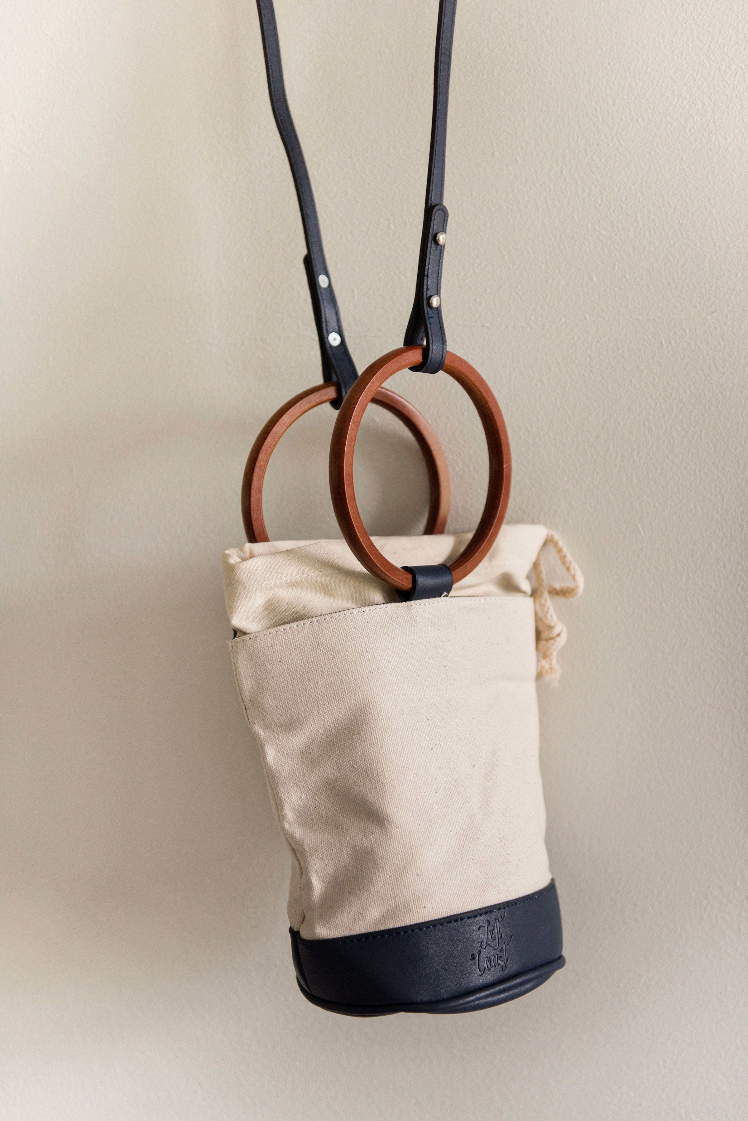 Bucket Bag - Canvas Shoulder Tote with Wooden Handles