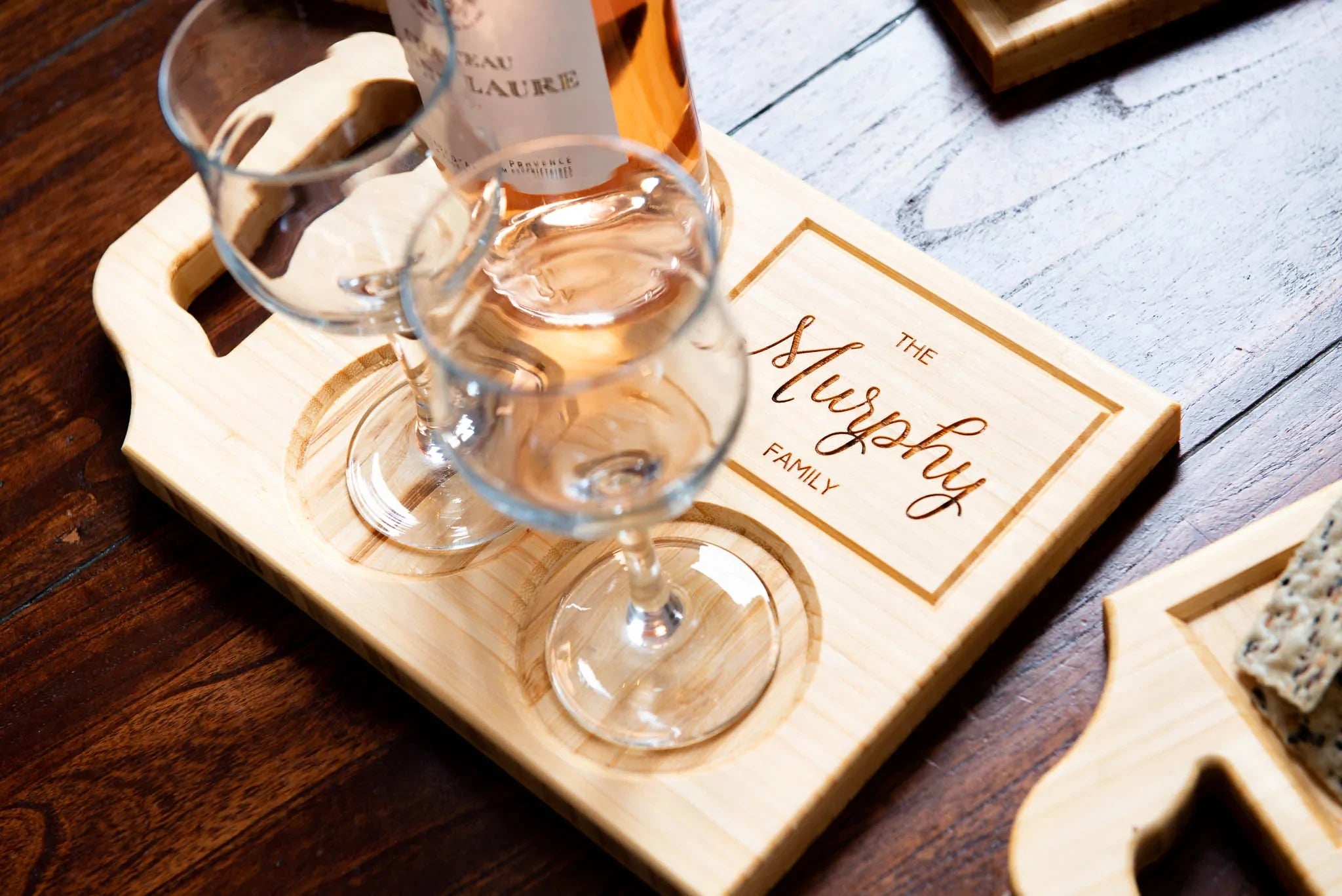 A custom wine board with one handle and engraving