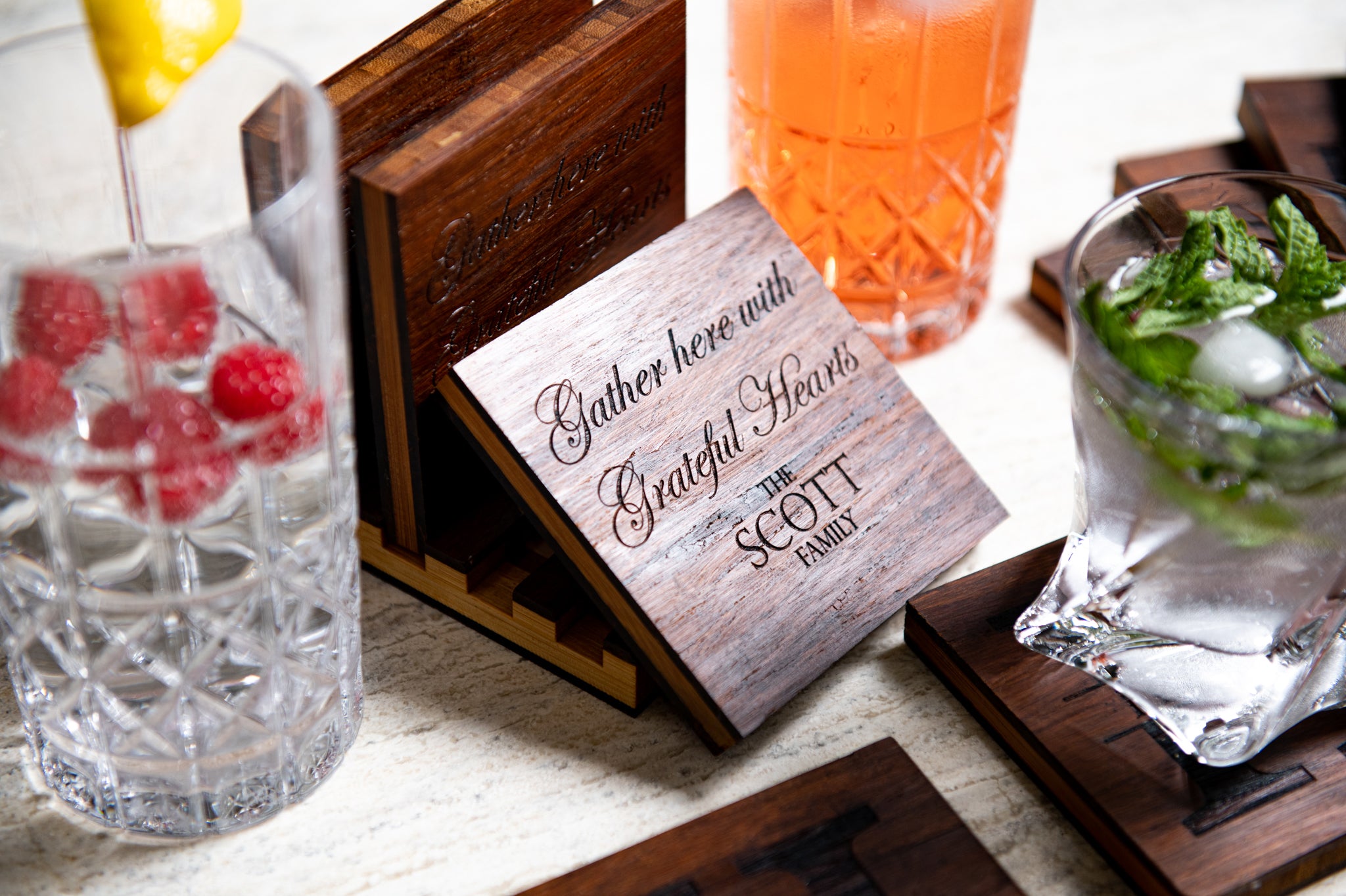 Personalized Family Name Coasters with Optional Coaster Holder
