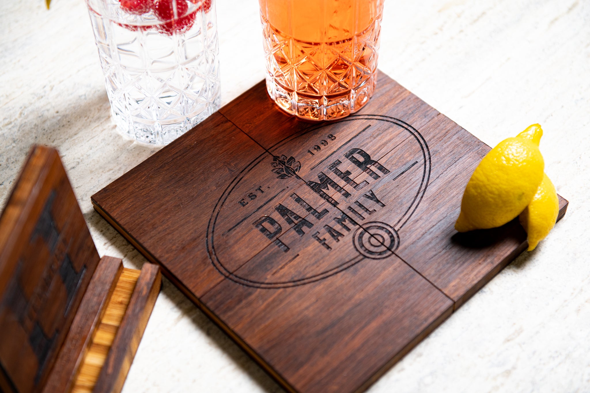 Personalized Family Name Coasters with Optional Coaster Holder