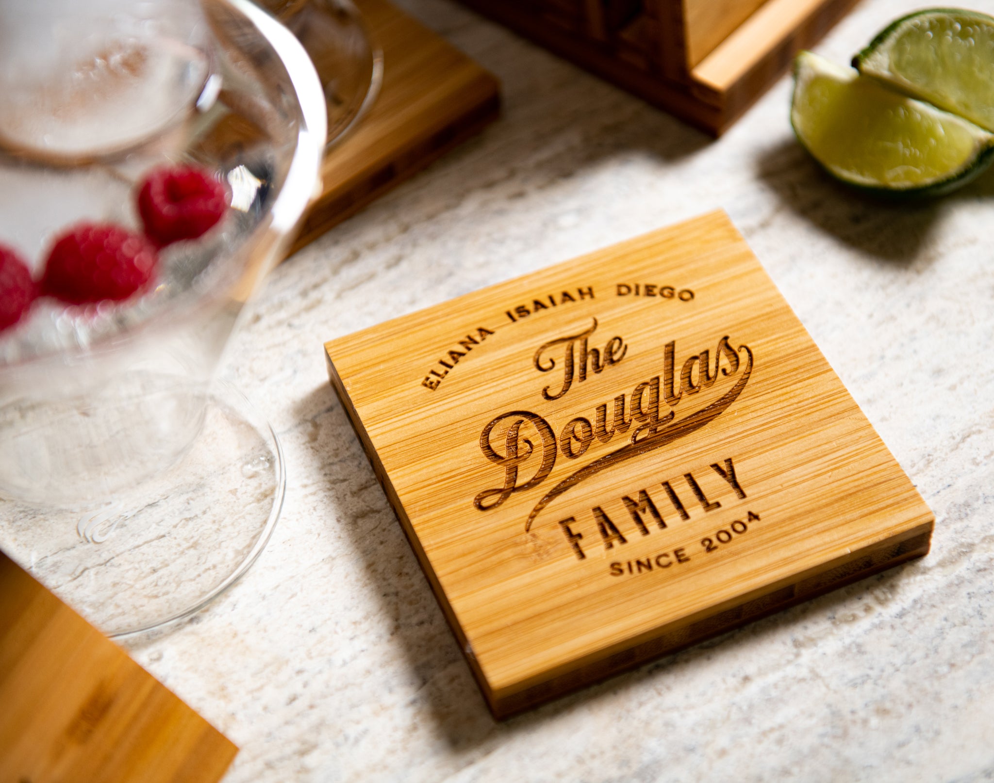 Personalized Family Name Coasters with Optional Coaster Holder