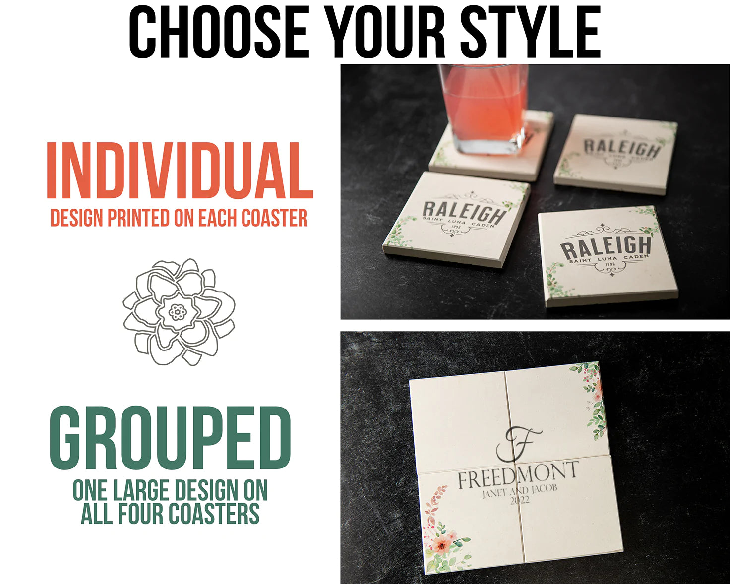 Personalized Limestone Coasters | Printed Floral and Vine Artwork