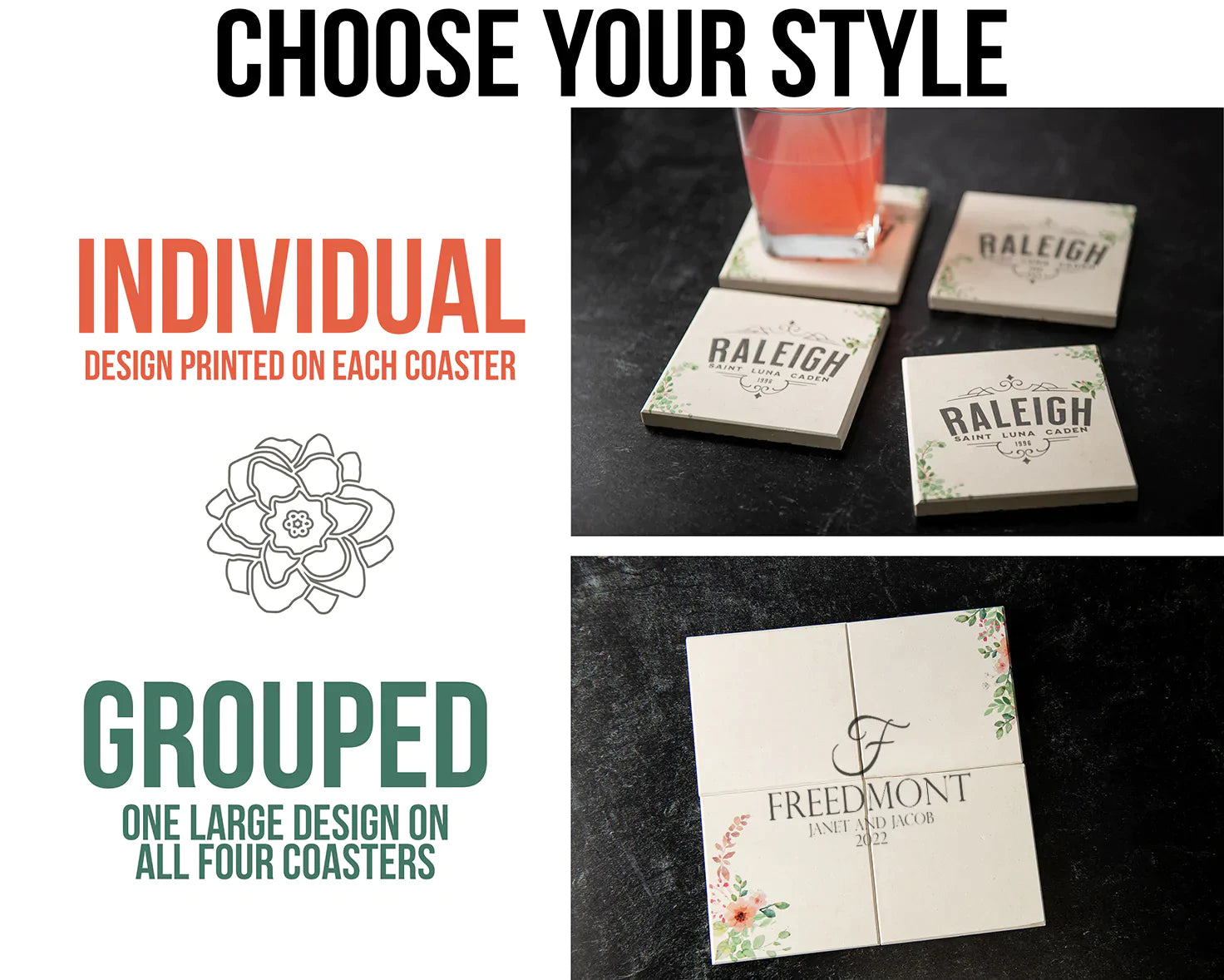 Personalized Limestone Coasters | Printed Floral and Vine Artwork