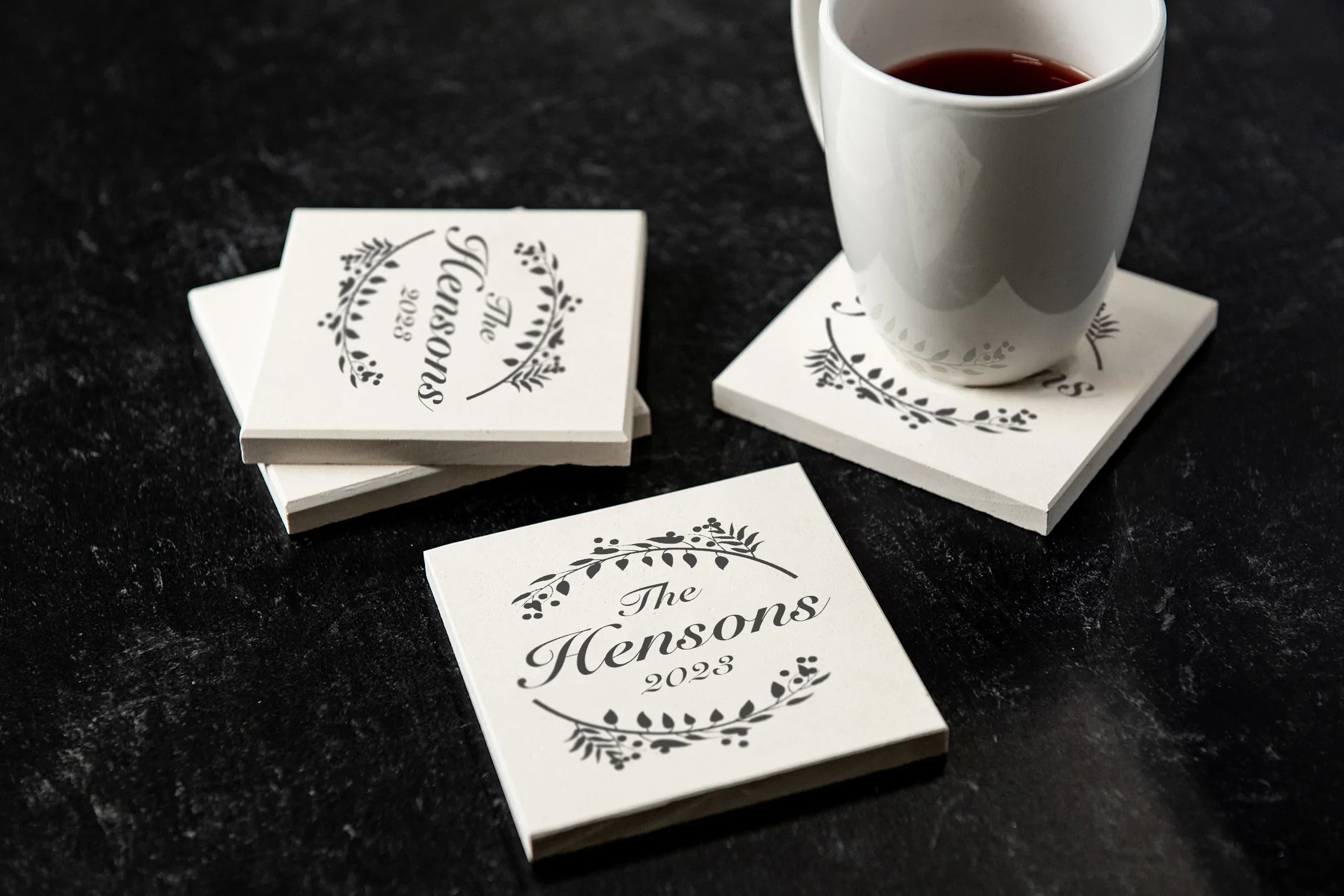Personalized Limestone Coasters | Printed Floral and Vine Artwork