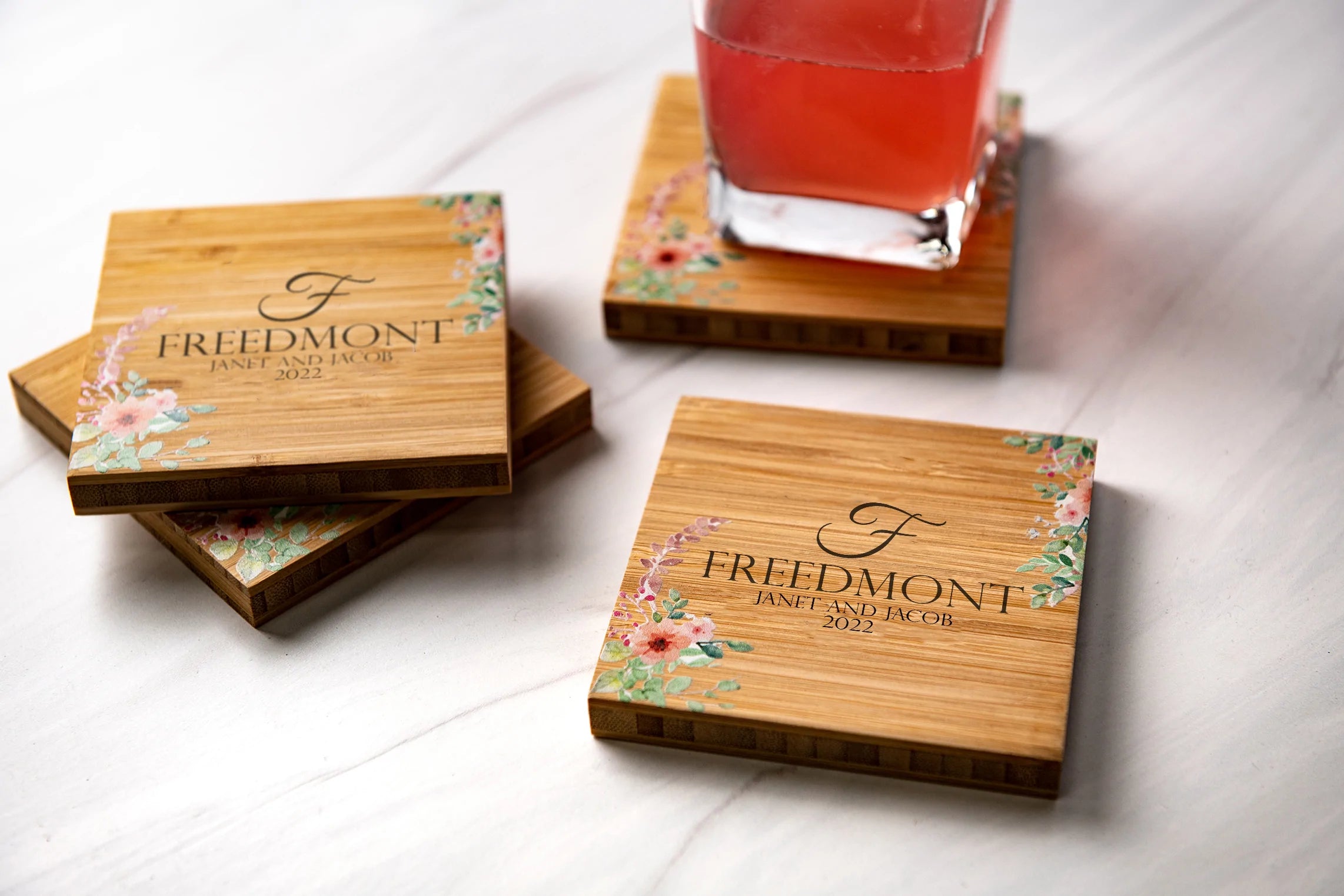 Personalized Wood Coasters | Floral Vine Artwork Print