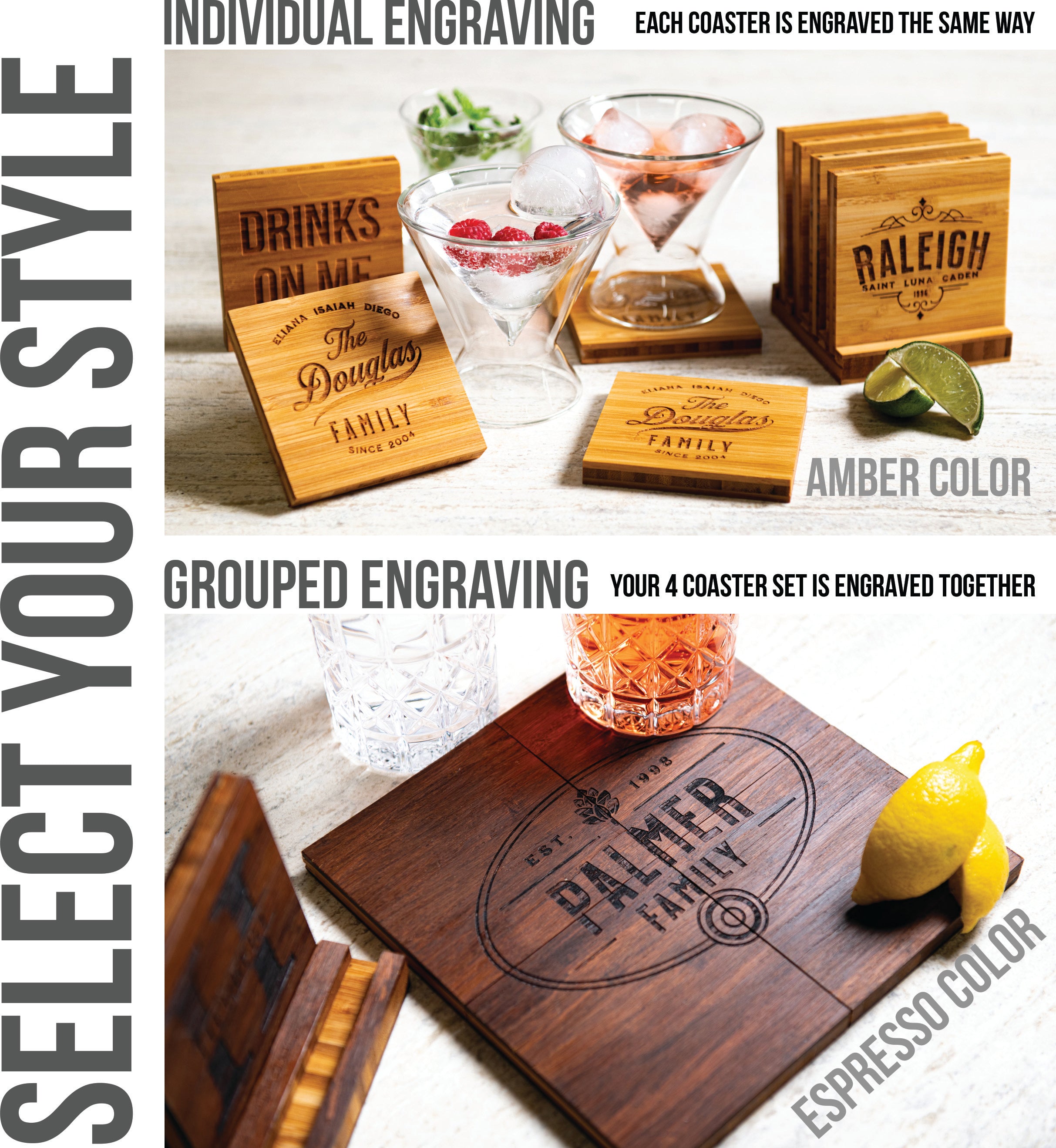 Personalized Family Name Coasters with Optional Coaster Holder
