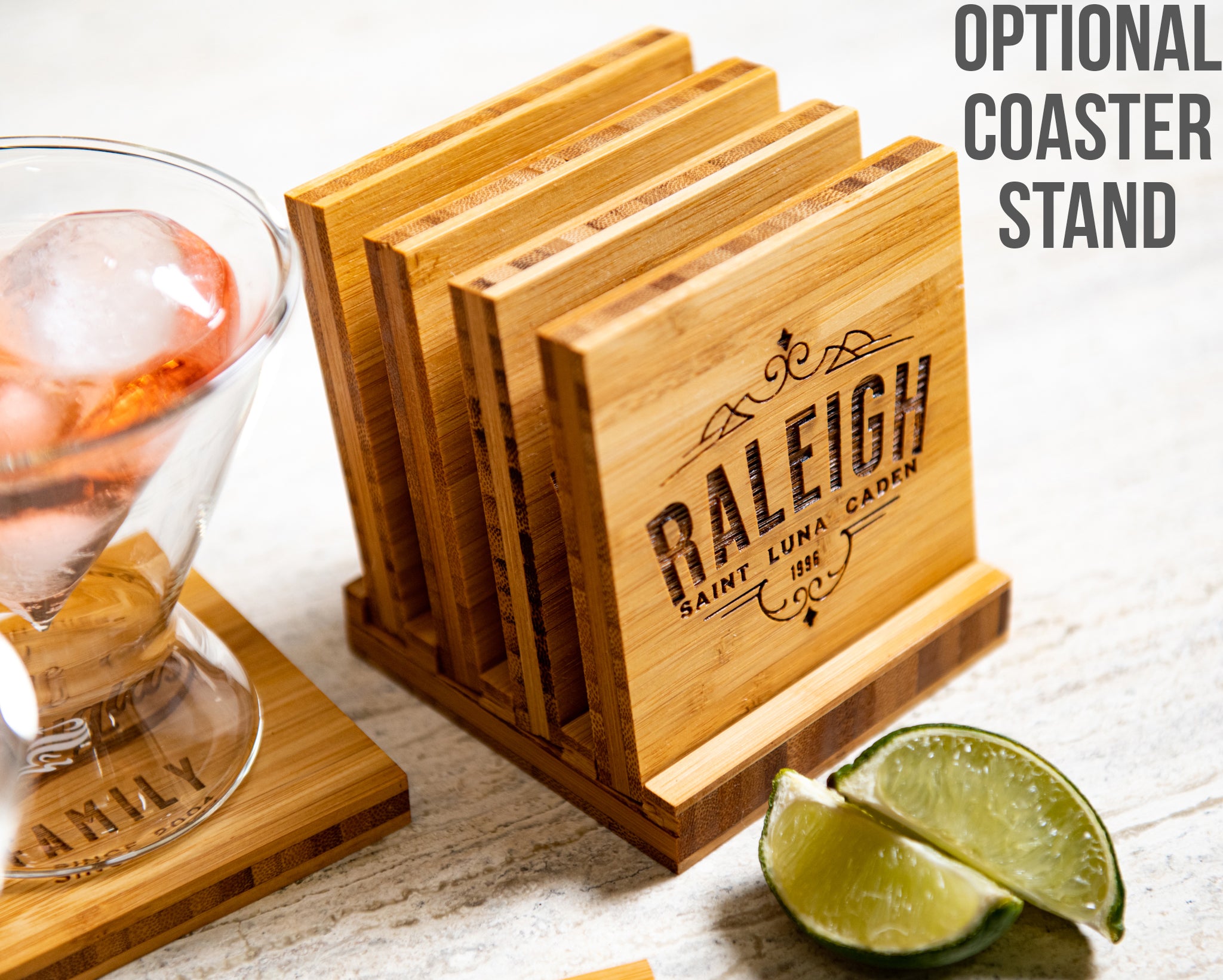 Personalized Family Name Coasters with Optional Coaster Holder