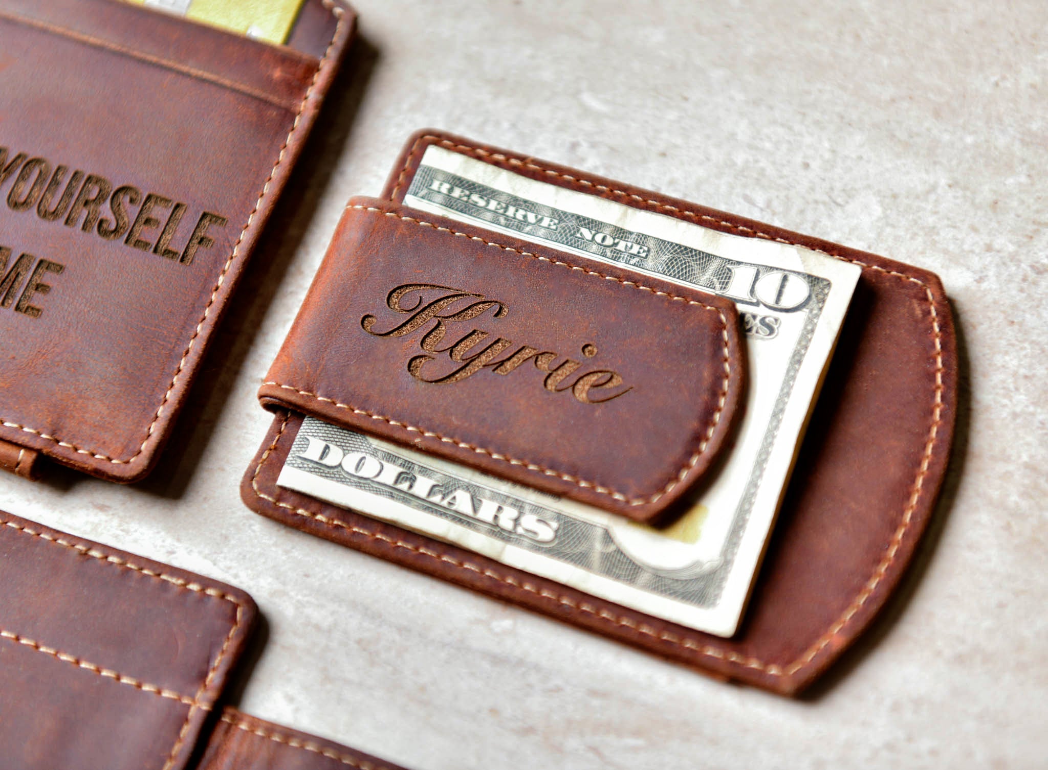 Engraved Super Slim Personalized Leather Magnetic Money Clip with money under clip