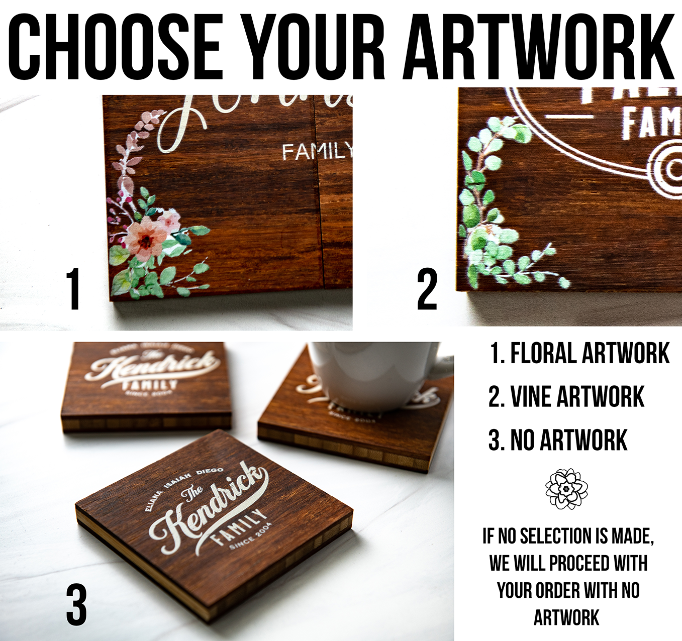 Personalized Wood Coasters | Floral Vine Artwork Print