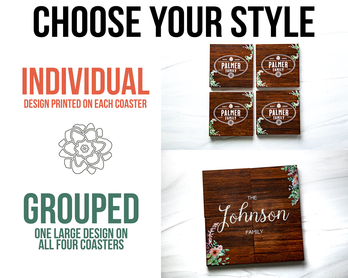 Personalized Wood Coasters | Floral Vine Artwork Print