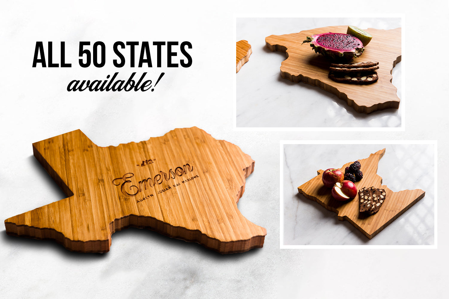 US State Shaped Bamboo Cutting Boards with Engraved Text