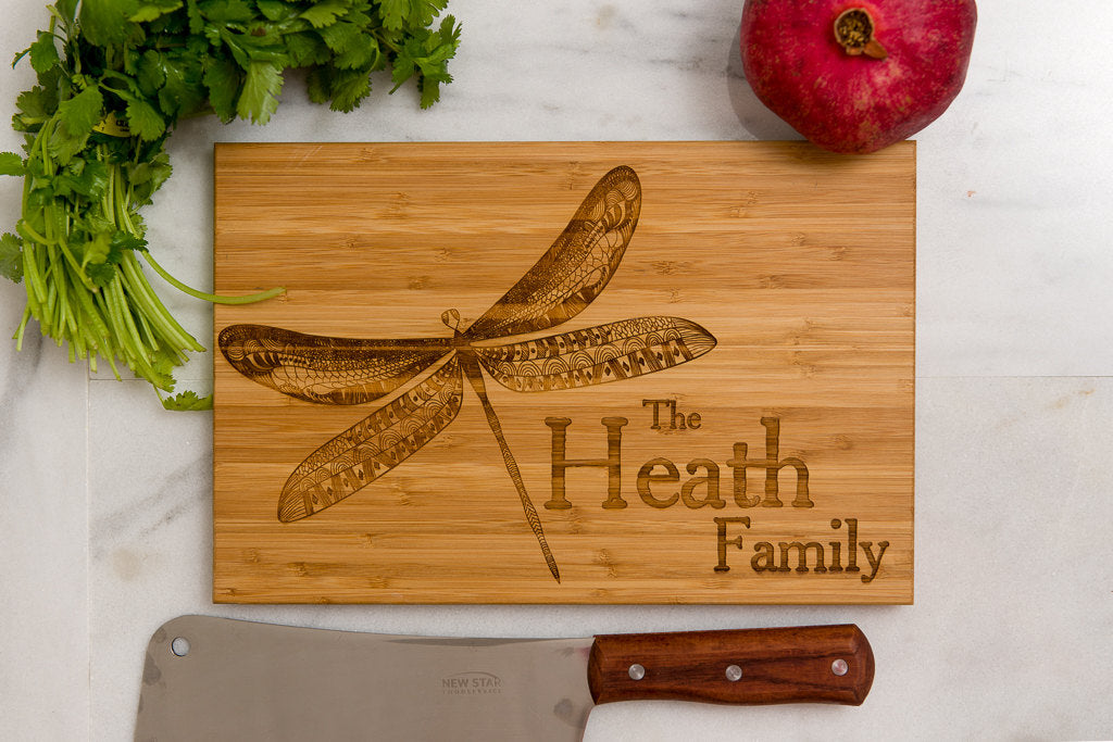 Personalized Cutting Board, Wedding Gift, Dragonfly, Anniversary Gift, Family Name, Engraved Gift