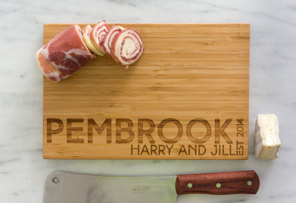 Engraved Name Personalized Bamboo Cutting Board with meat, cheese, and knife