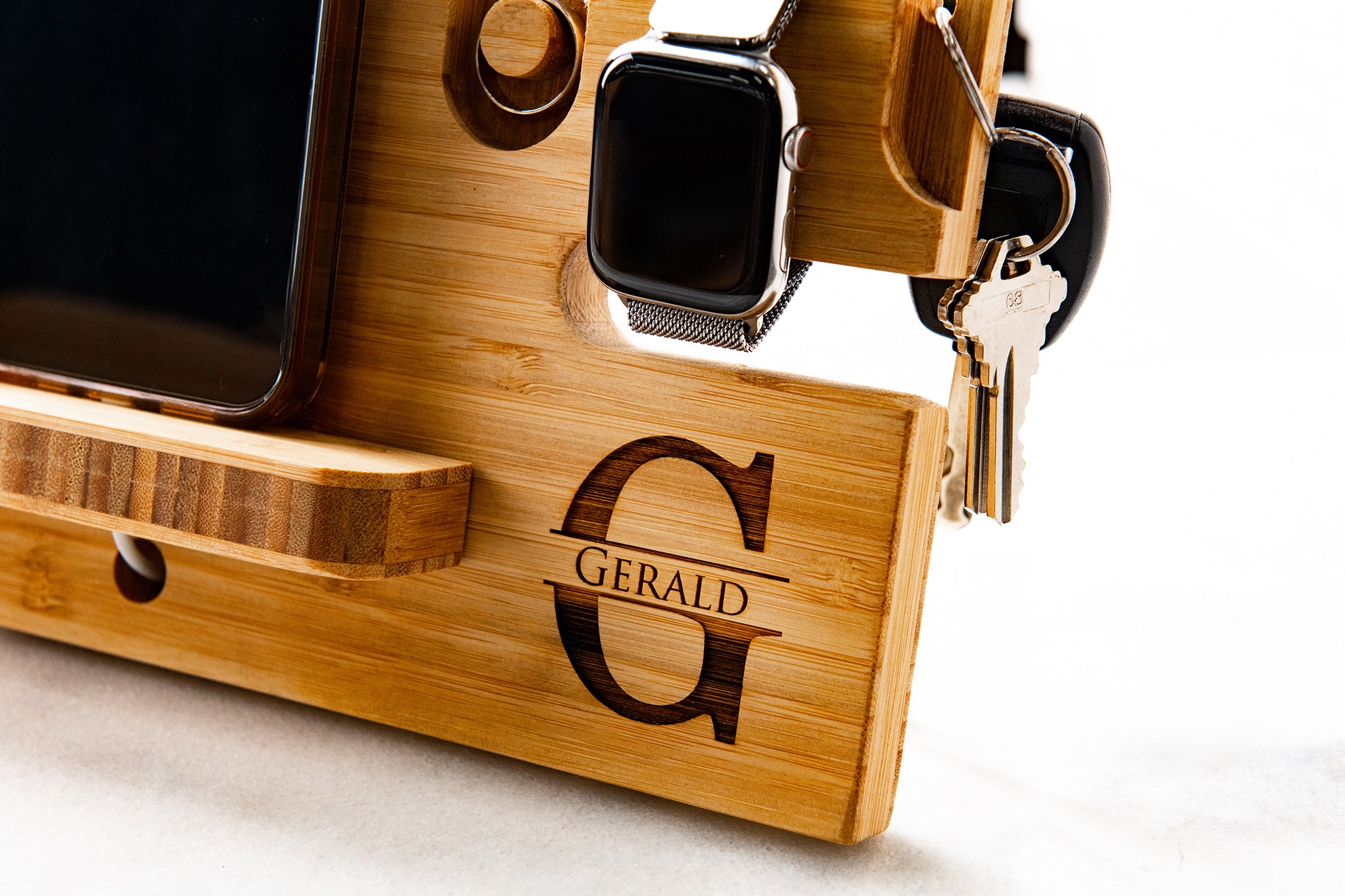 Personalized Wood Desktop Valet For Him - Charging Dock
