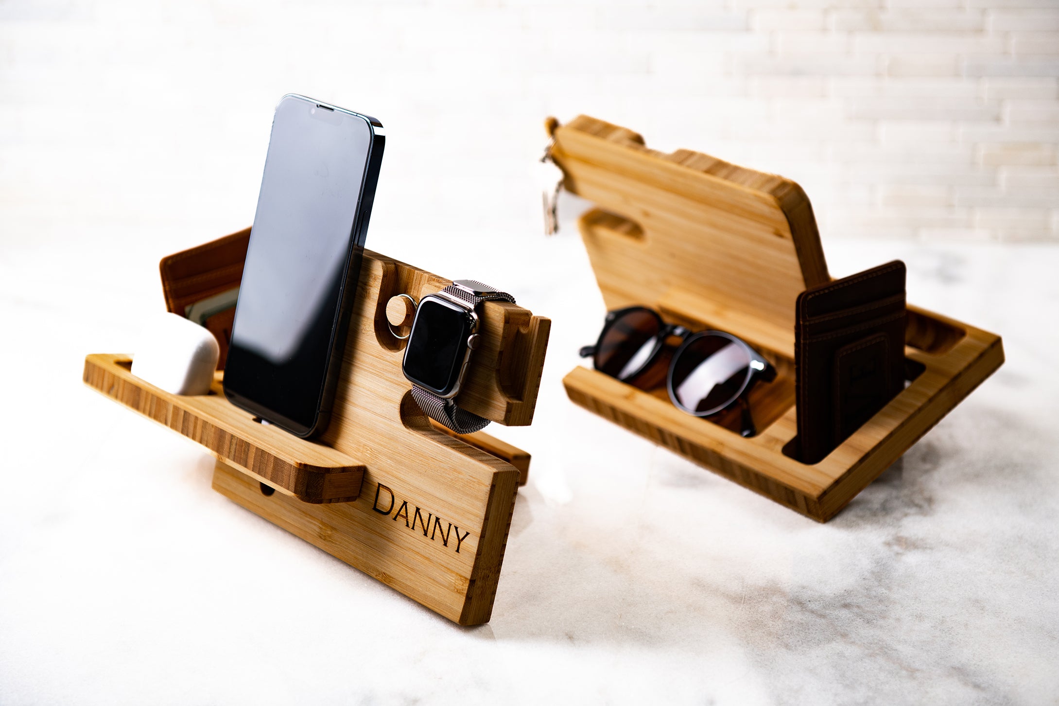 Personalized Wood Desktop Valet For Him - Charging Dock