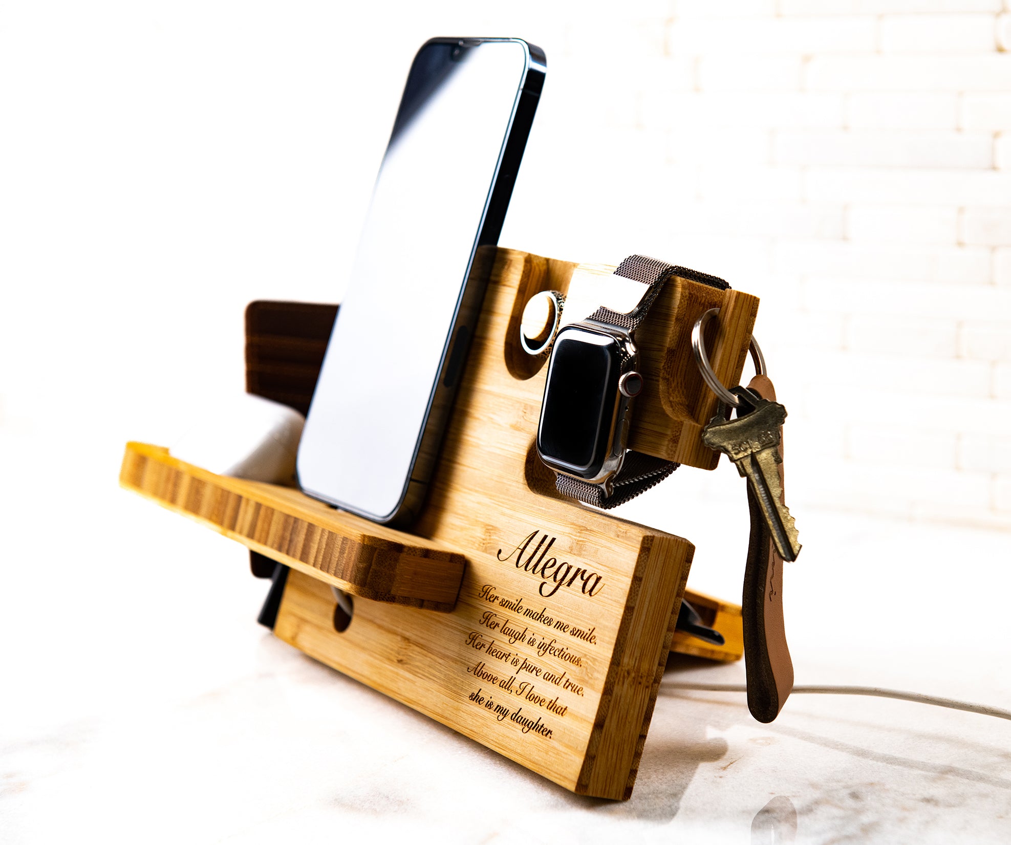 Personalized Wood Desktop Valet For Him - Charging Dock