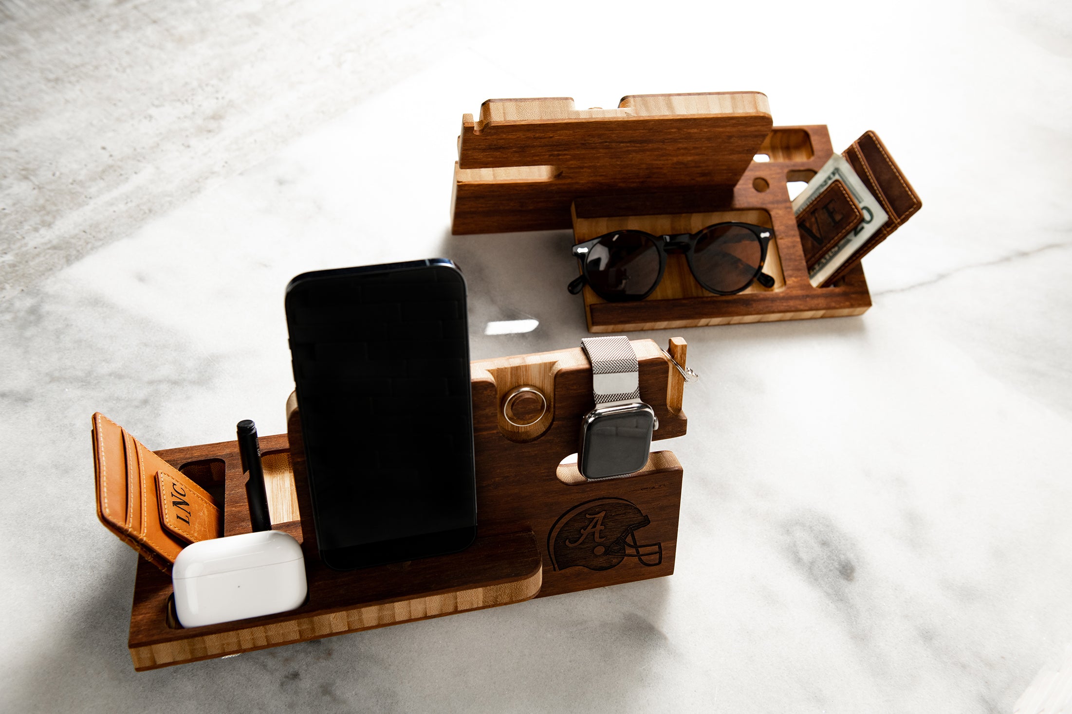 Personalized Wood Desktop Valet For Him - Charging Dock