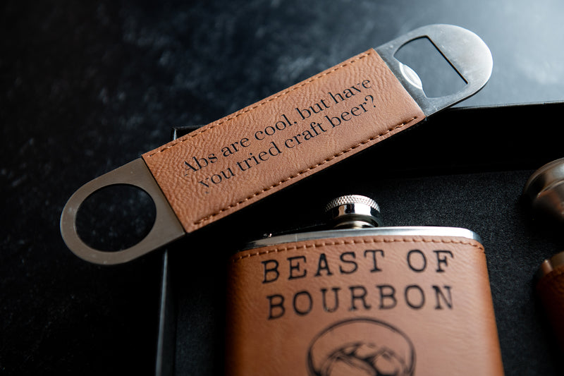 Personalized Flask Set With Shot Glasses, Bottle Opener, and Funnel - Vegan Leather