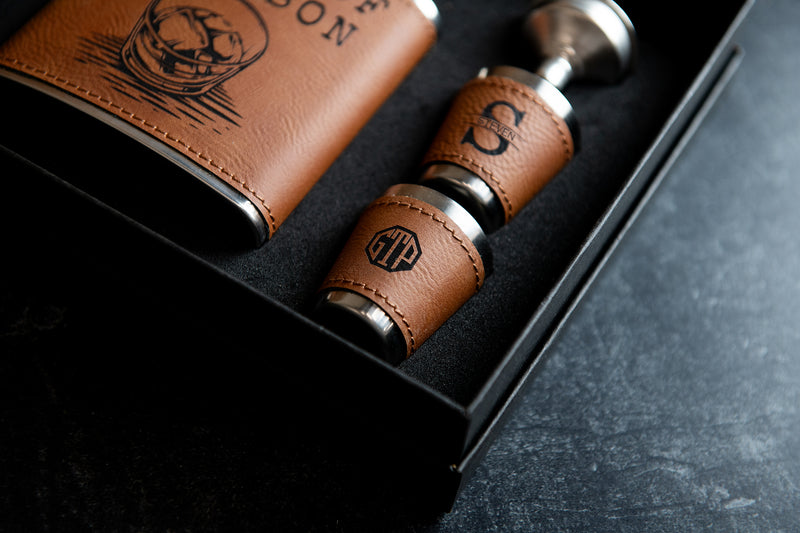 Personalized Flask Set With Shot Glasses, Bottle Opener, and Funnel - Vegan Leather