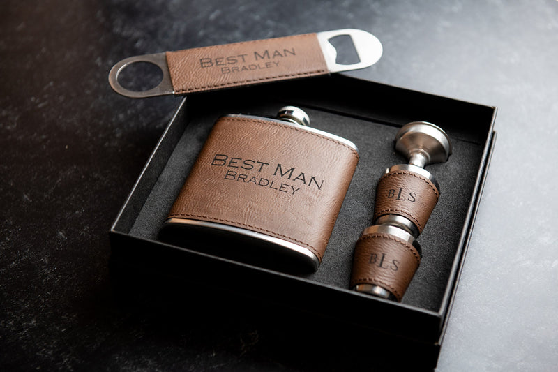 Personalized Flask Set With Shot Glasses, Bottle Opener, and Funnel - Vegan Leather