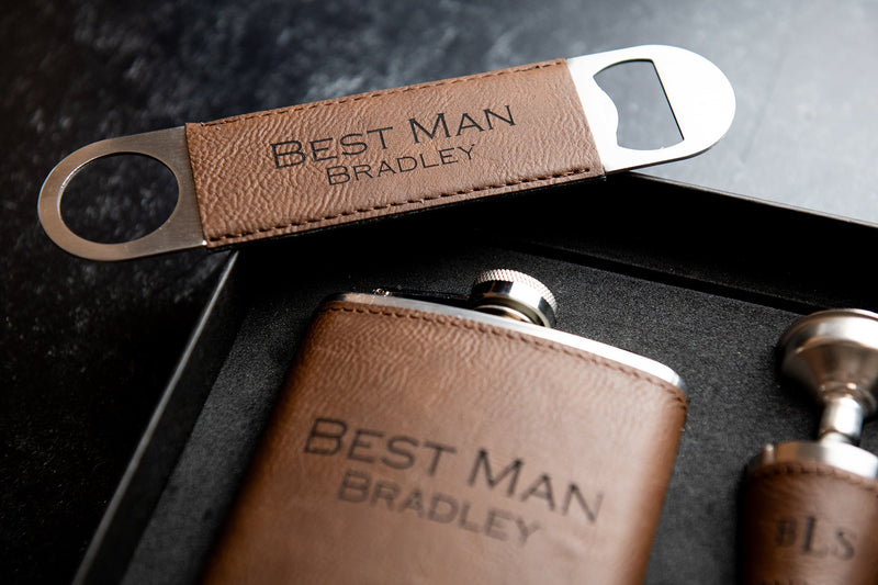 Personalized Flask Set With Shot Glasses, Bottle Opener, and Funnel - Vegan Leather