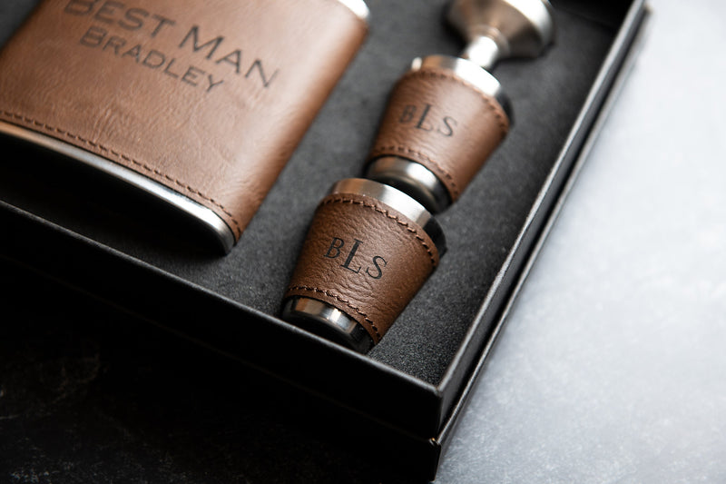 Personalized Flask Set With Shot Glasses, Bottle Opener, and Funnel - Vegan Leather