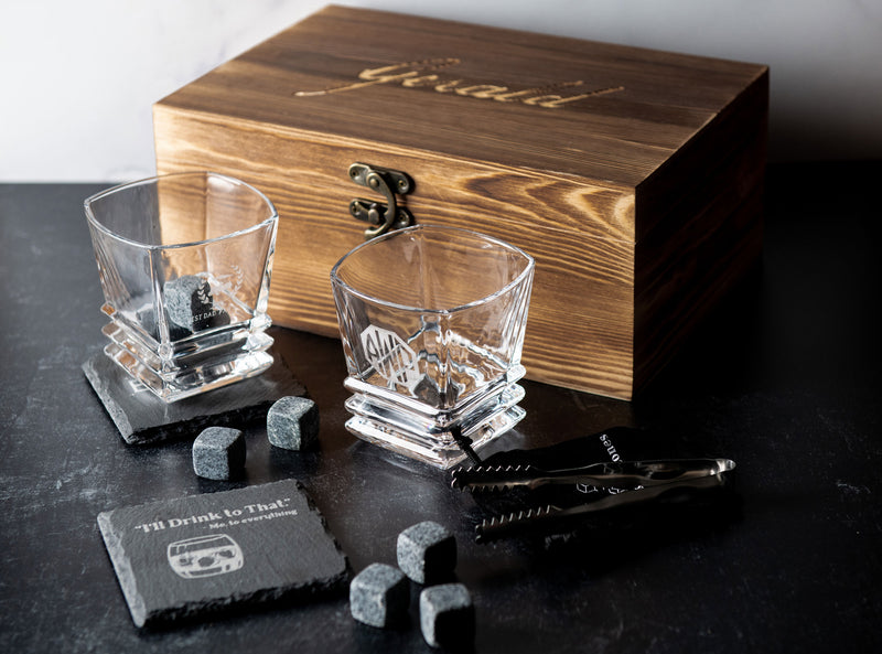Custom Engraved Whiskey Box Gift Set, Engraved Scotch Glasses, Persona –  Left Coast Original