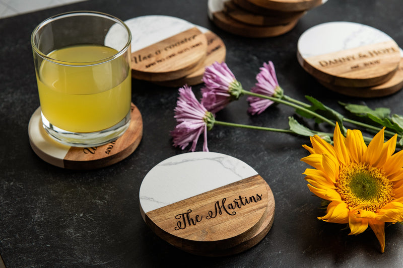 Personalized Acacia Marble Coasters