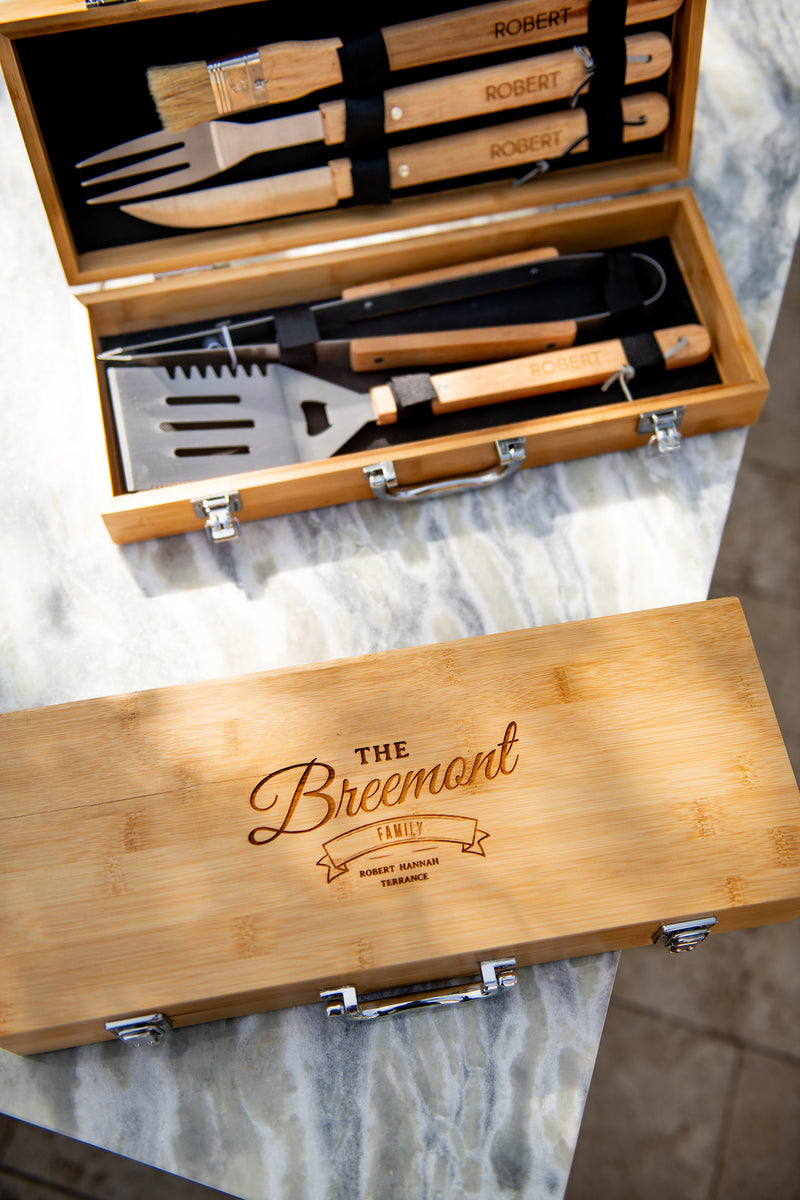 Personalized Complete BBQ Grill Tool Kit Set With Wood Case