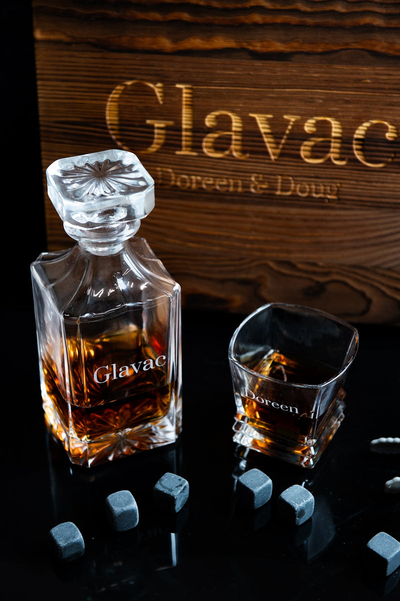 Personalized Engraved Decanter Full Set with Wood Box, Glasses, and Whiskey Stones